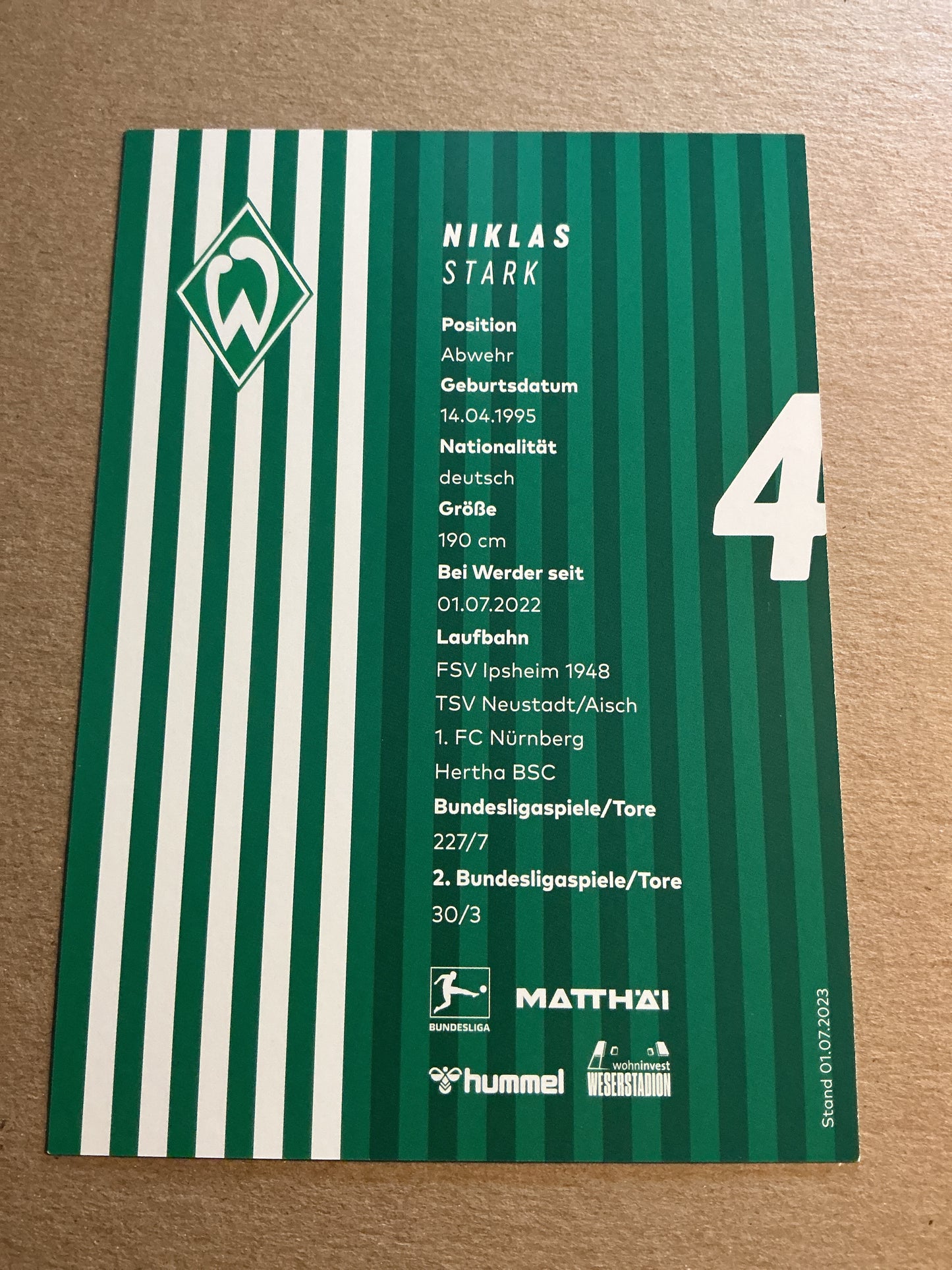 Niklas Stark, Germany 🇩🇪 SV Werder Bremen 2023/24 hand signed