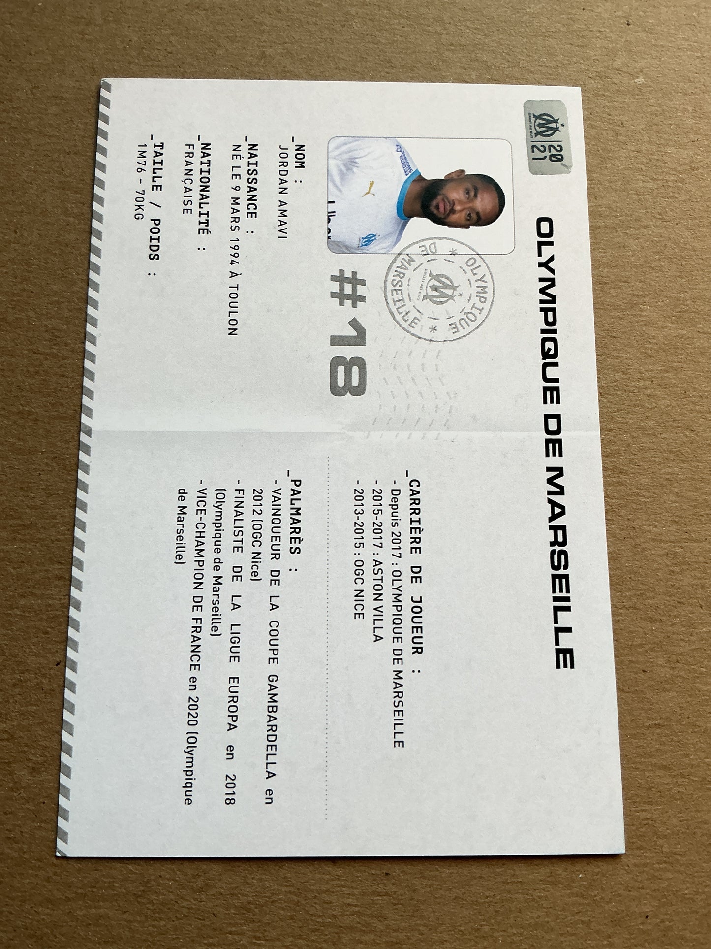Jordan Amavi, France π«π· Olympique Marseille 2020/21 hand signed