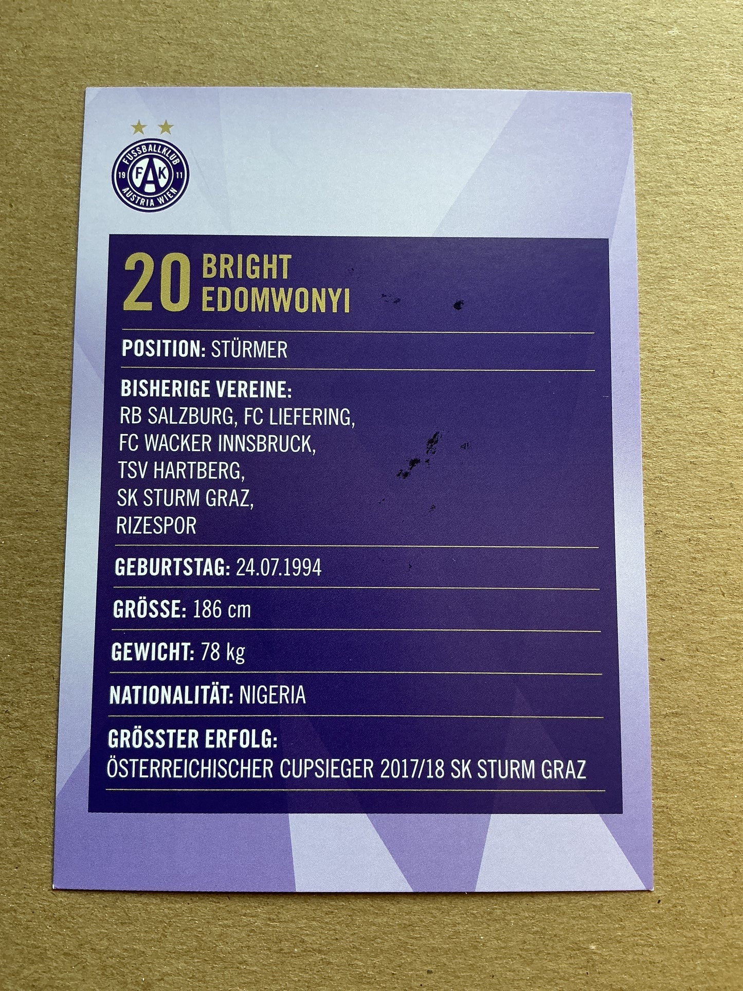 Bright Edomwonyi, Nigeria 🇳🇬 Austria Wien 2019/20 hand signed