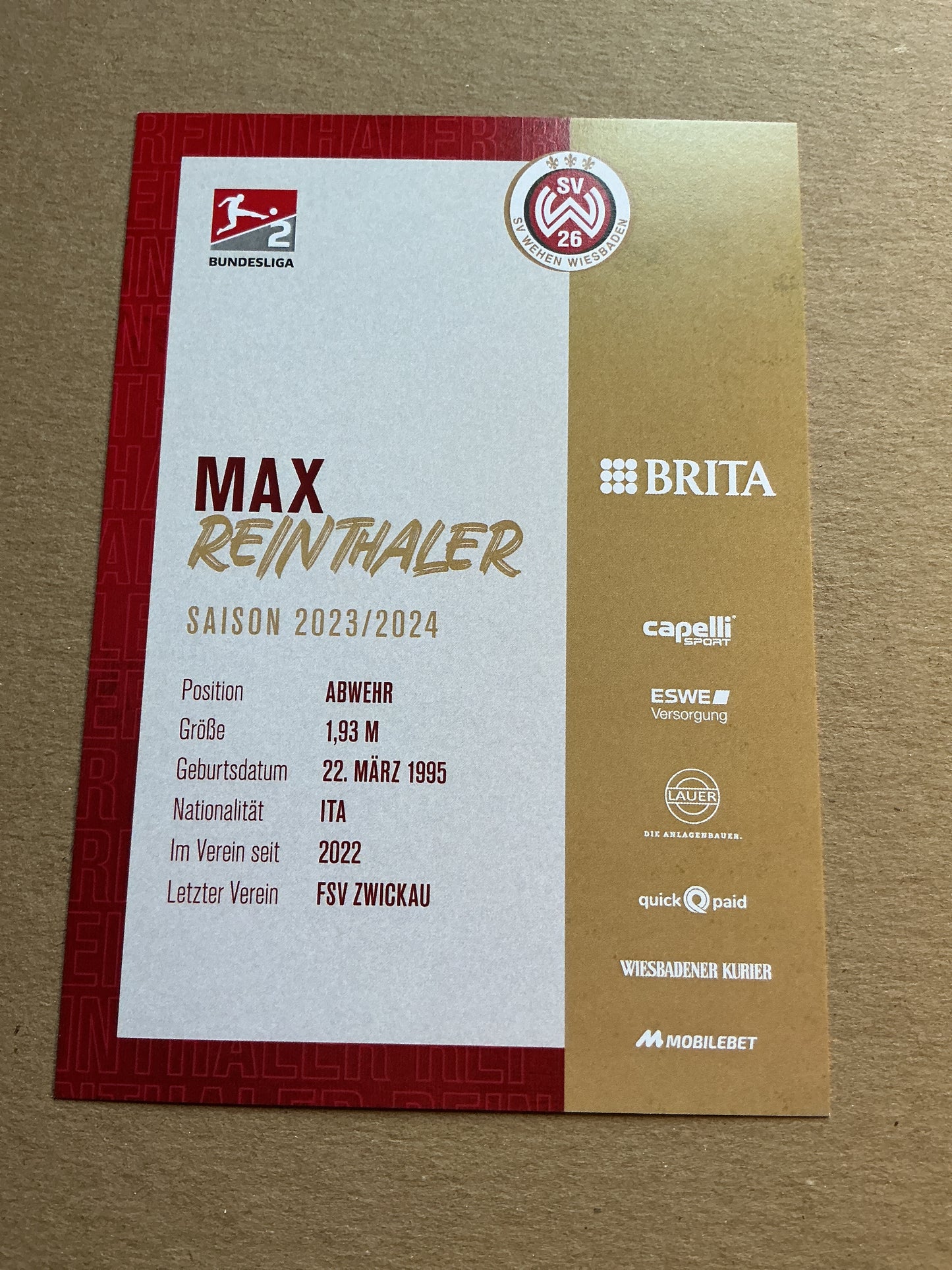 Max Reinthaler, Italy 🇮🇹 SV Wehen Wiesbaden 2023/24 hand signed