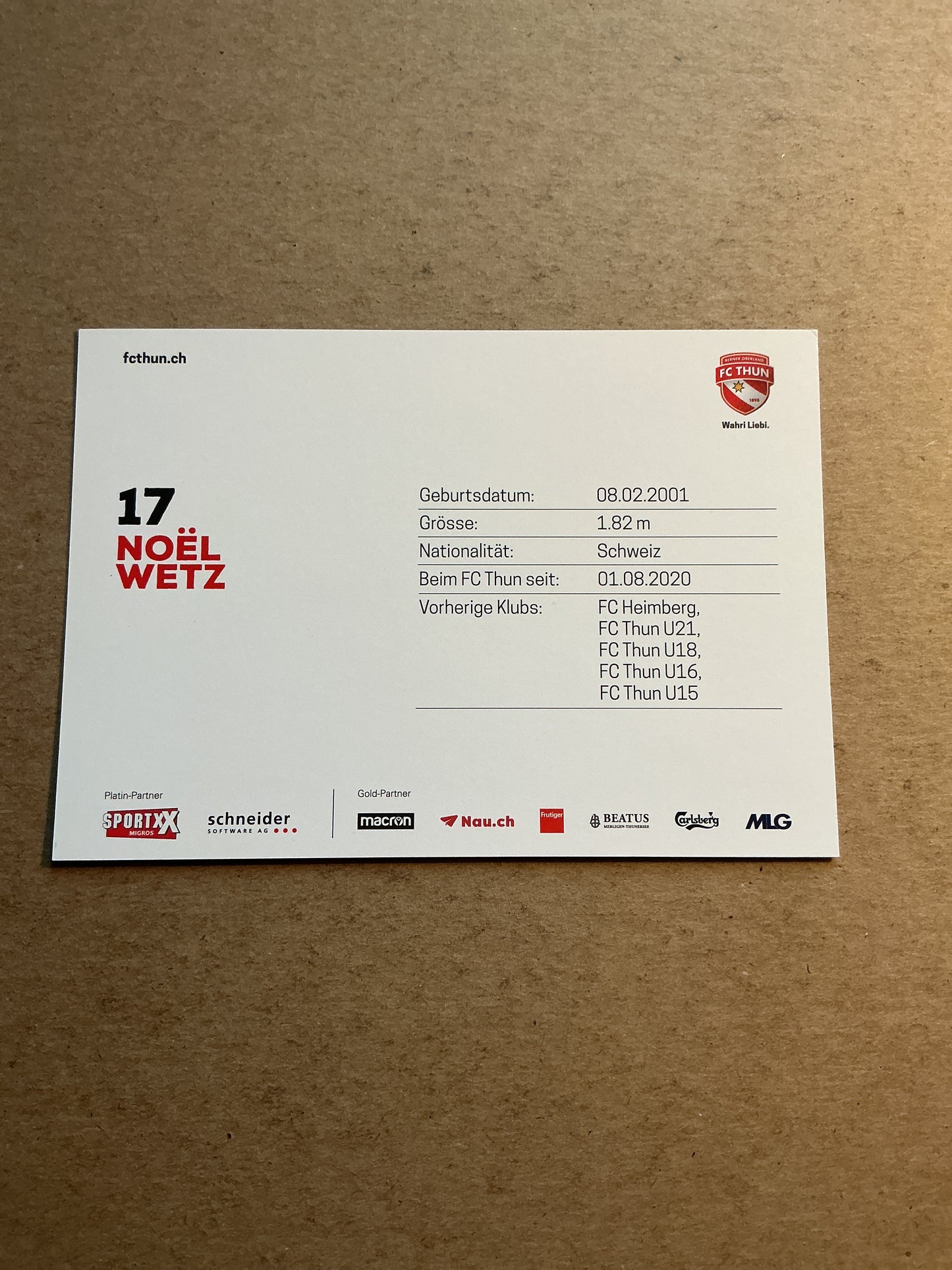 Noël Wetz, Switzerland 🇨🇭 FC Thun 2020/21 hand signed