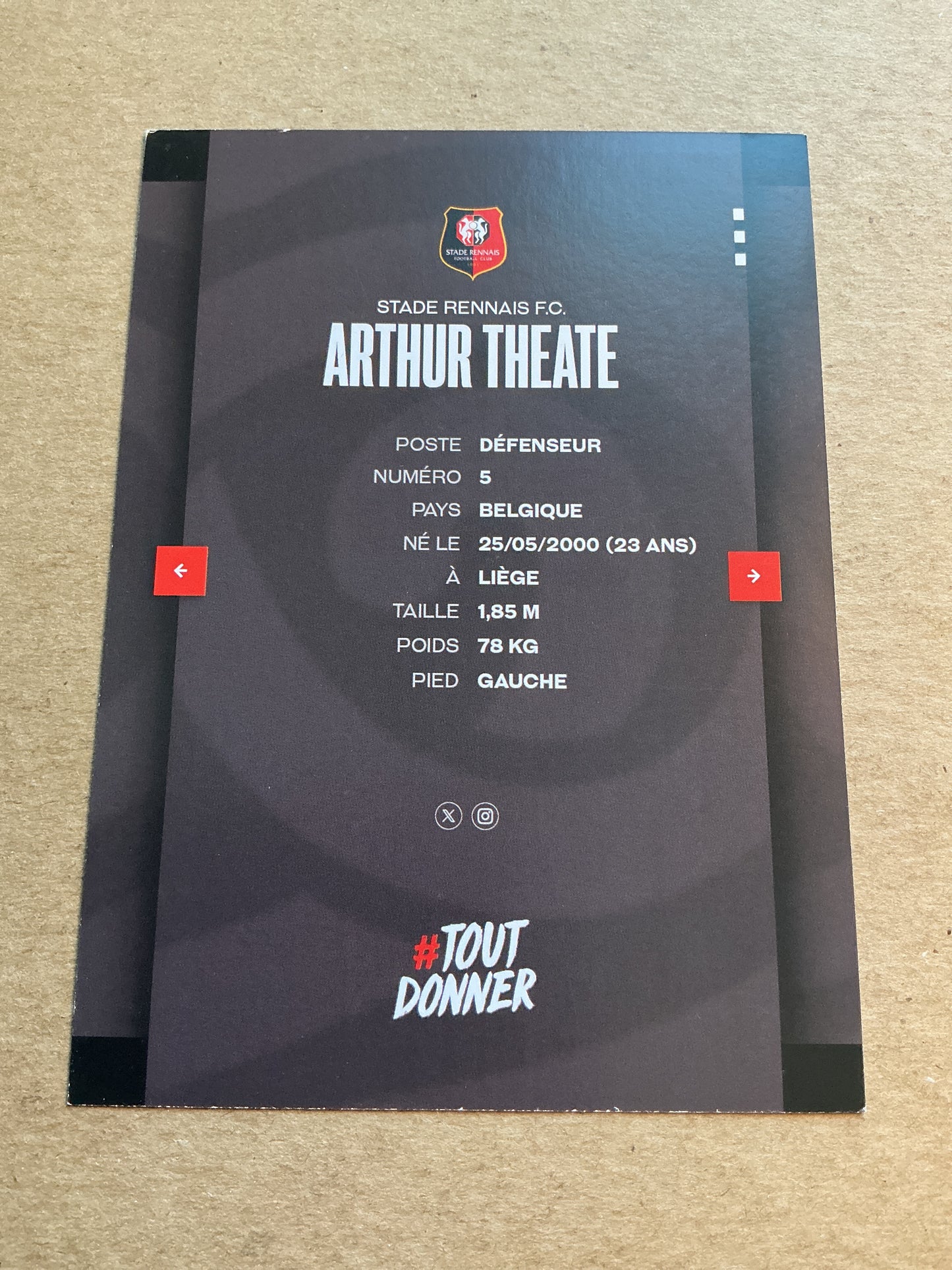 Arthur Theate, Belgium 🇧🇪 Stade Rennes FC 2023/24 hand signed