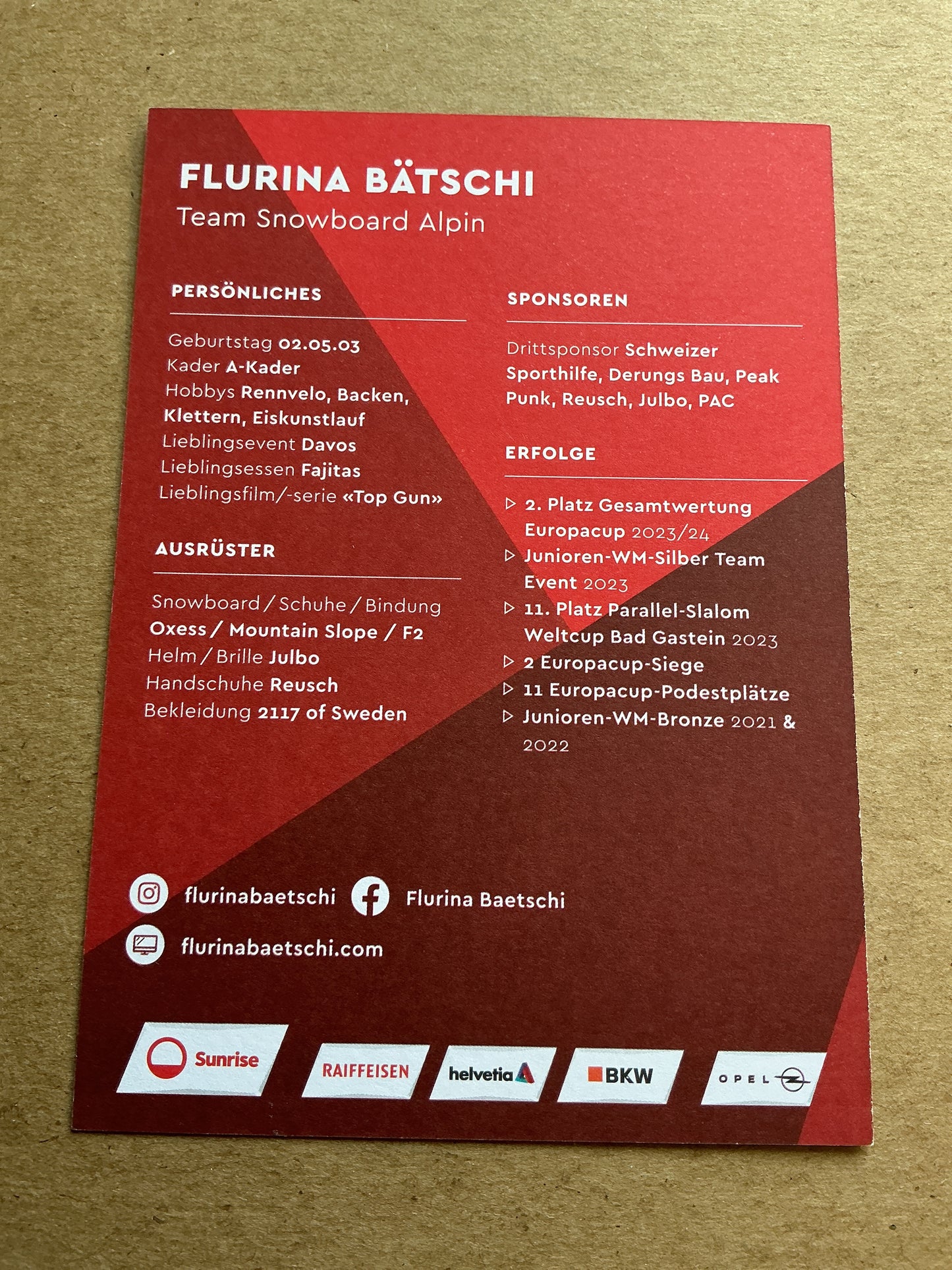 Flurina Bätschi, Switzerland 🇨🇭 Snowboard 2024/25 hand signed