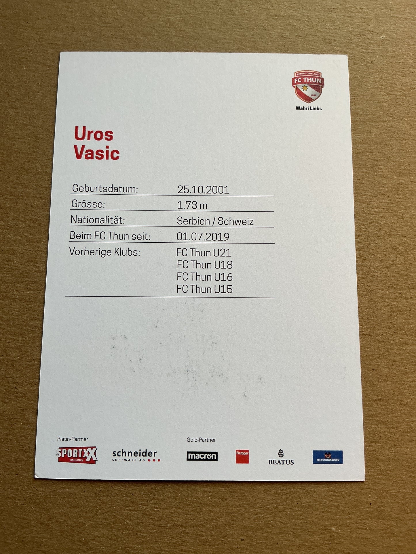 Uros Vasic, Serbia 🇷🇸 FC Thun 2022/23 hand signed
