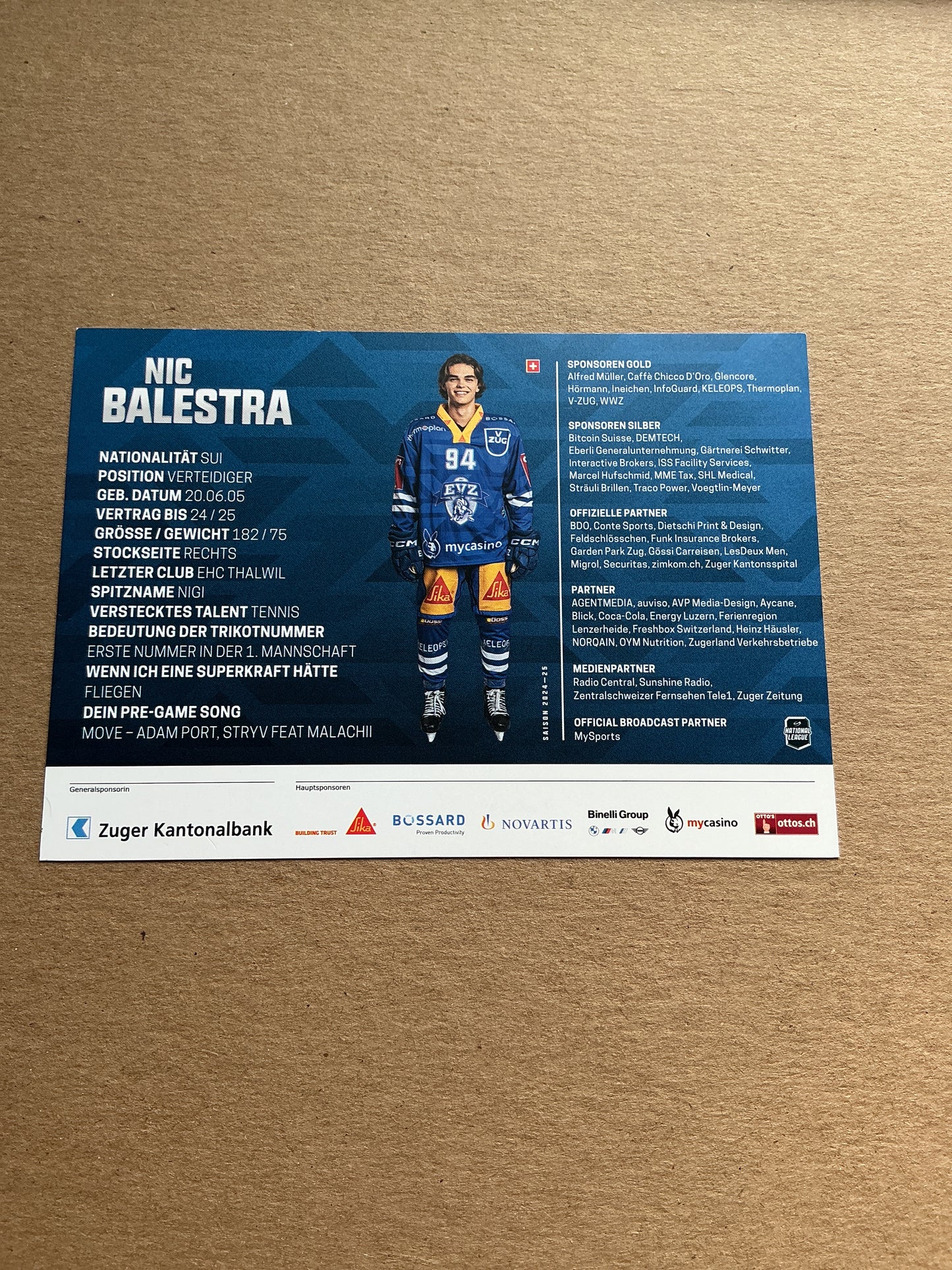 Nic Balestra, Switzerland π¨π EV Zug 2024/25 hand signed