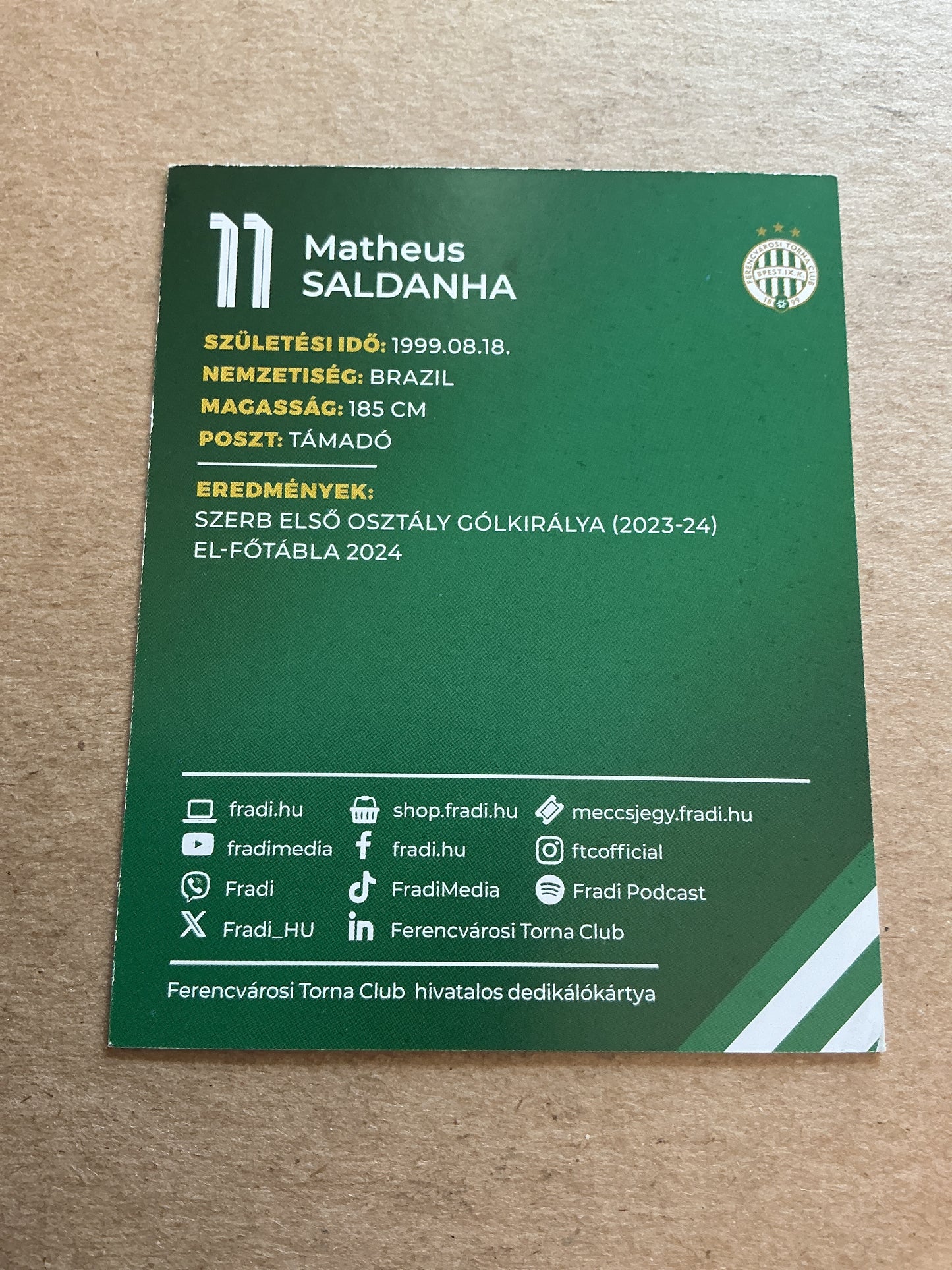 Matheus Saldanha , Brazil 🇧🇷 Ferencvaros TC 2024/25 hand signed