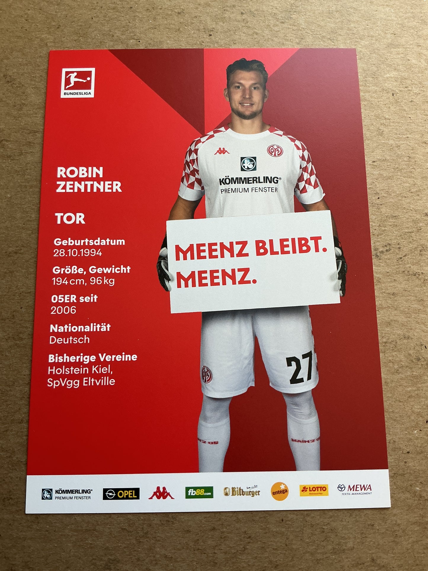 Robin Zentner, Germany π©πͺ FSV Mainz 05 2020/21 hand signed