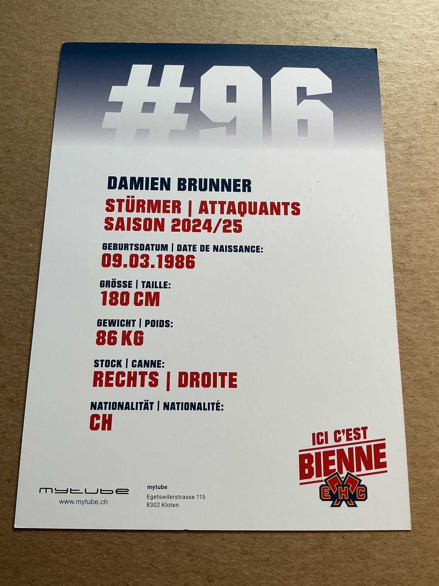 Damien Brunner, Switzerland 🇨🇭 EHC Biel-Bienne 2024/25 hand signed