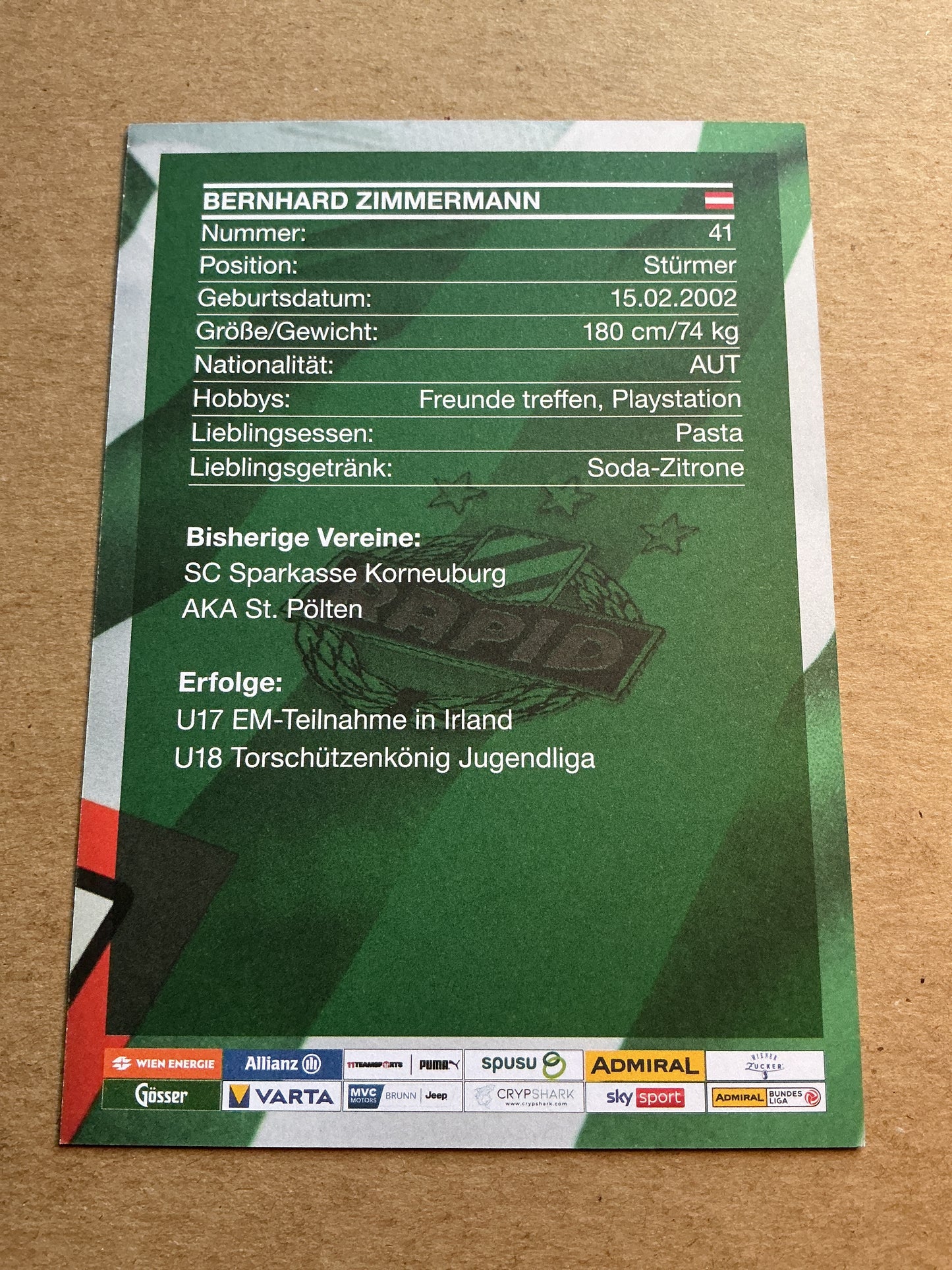 Bernhard Zimmermann, Austria 🇦🇹 Rapid Wien 2022/23 hand signed
