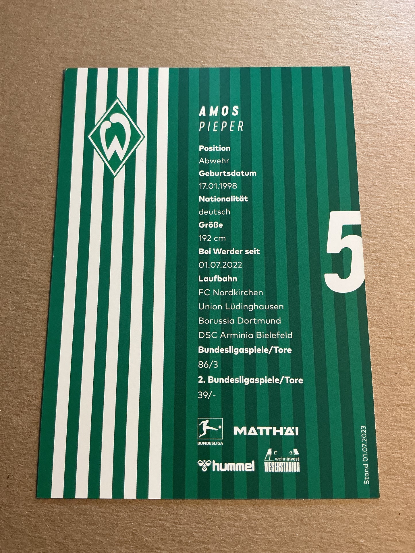 Amos Pieper, Germany 🇩🇪 SV Werder Bremen 2023/24 hand signed