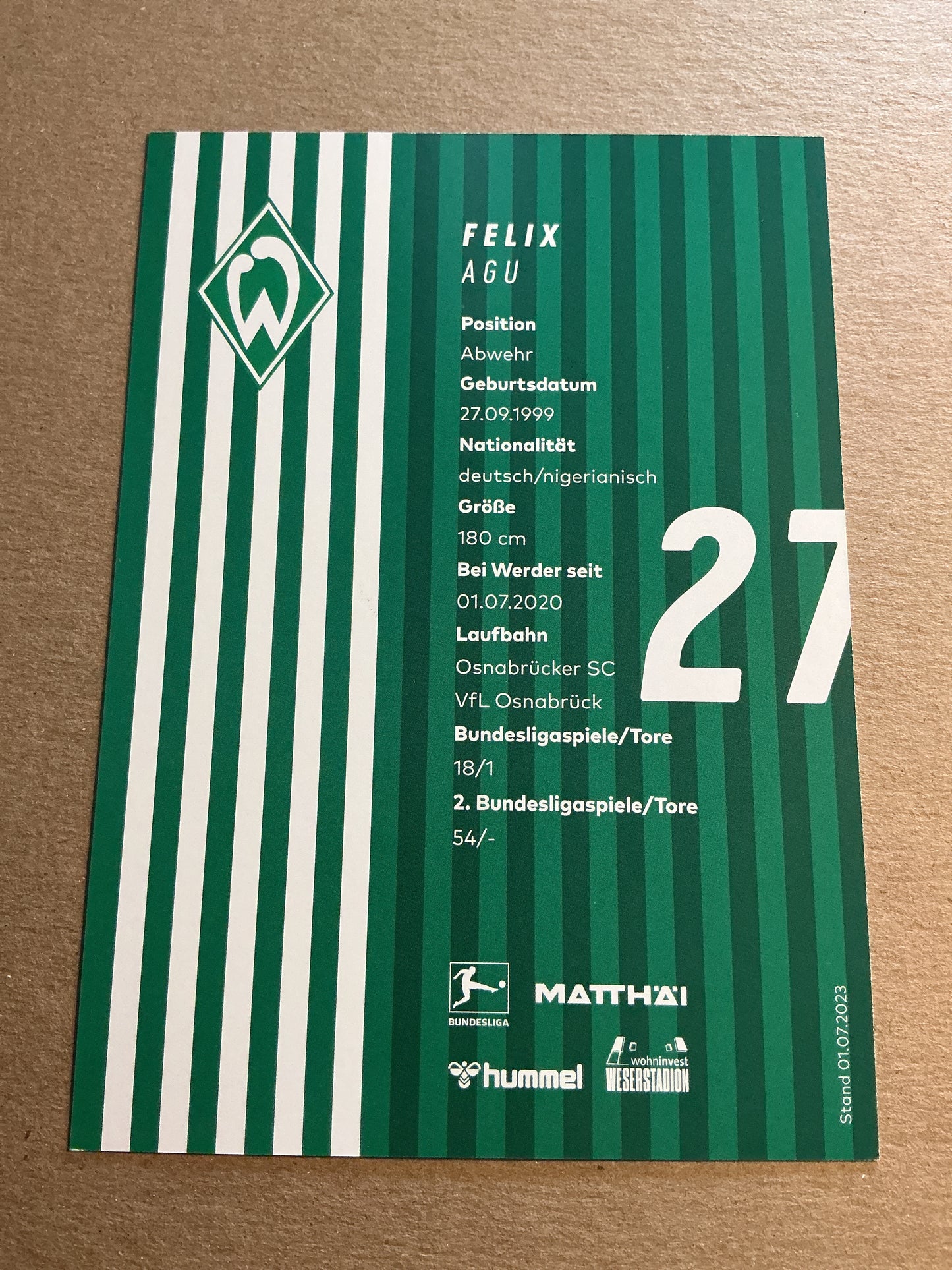 Felix Agu, Germany 🇩🇪 SV Werder Bremen 2023/24 hand signed