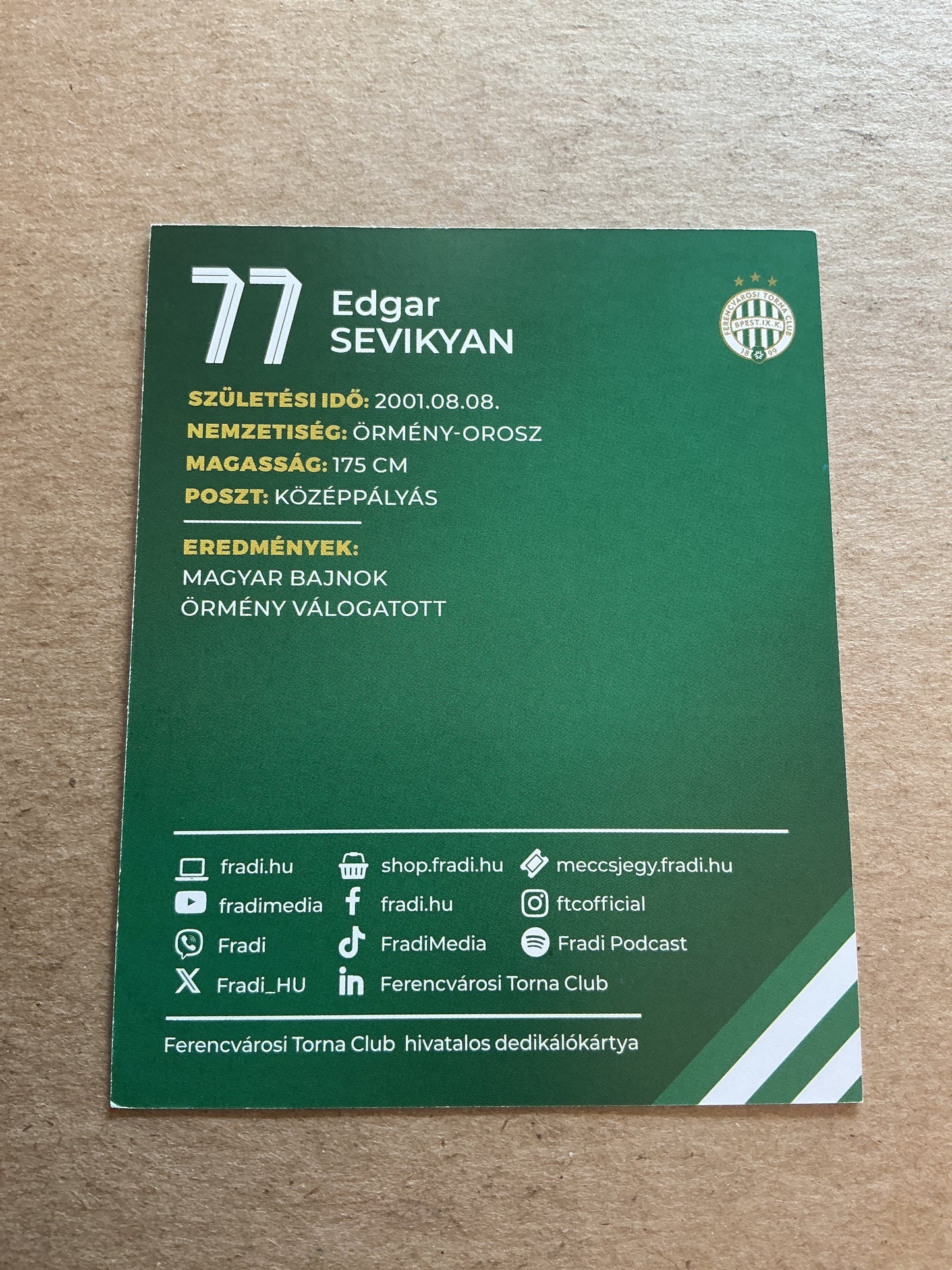 Edgar Sevikyan, Armenia 🇦🇲 Ferencvaros TC 2024/25 hand signed