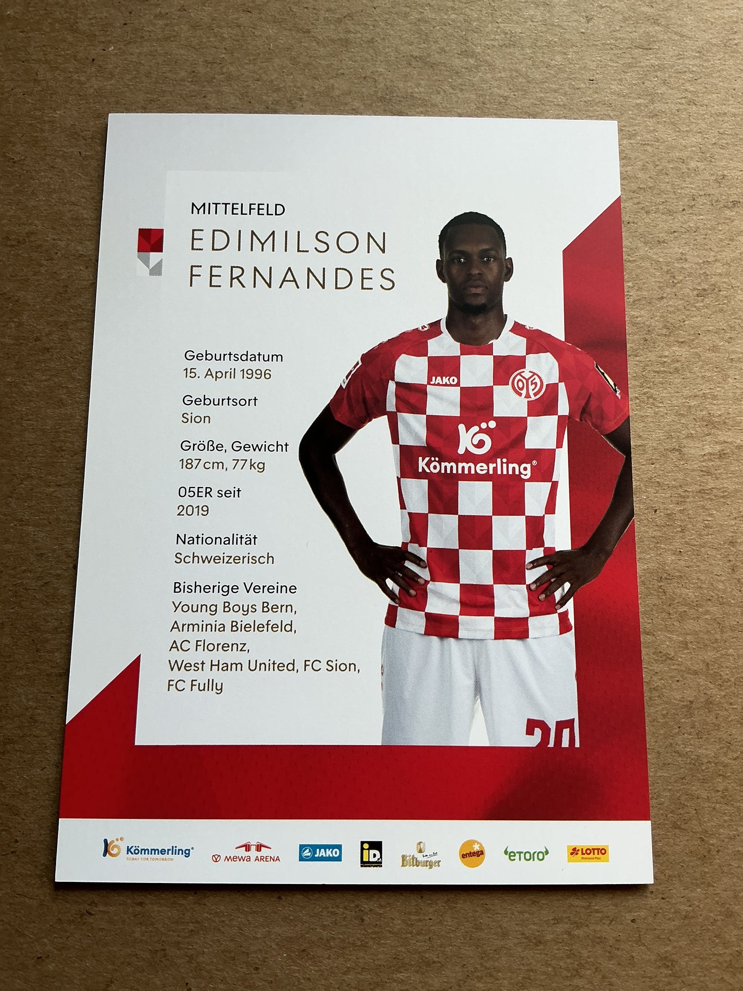 Edmilson Fernandes, Switzerland π¨π FSV Mainz 05 2023/24 hand signed