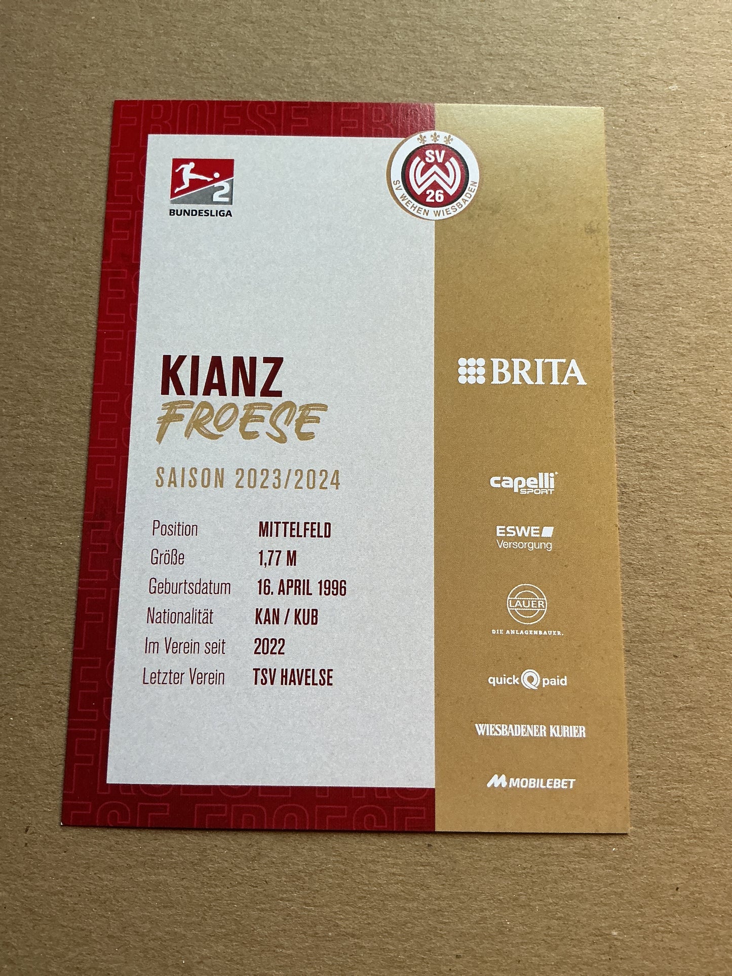 Kianz Froese, Canada π¨π¦ SV Wehen Wiesbaden 2023/24 hand signed