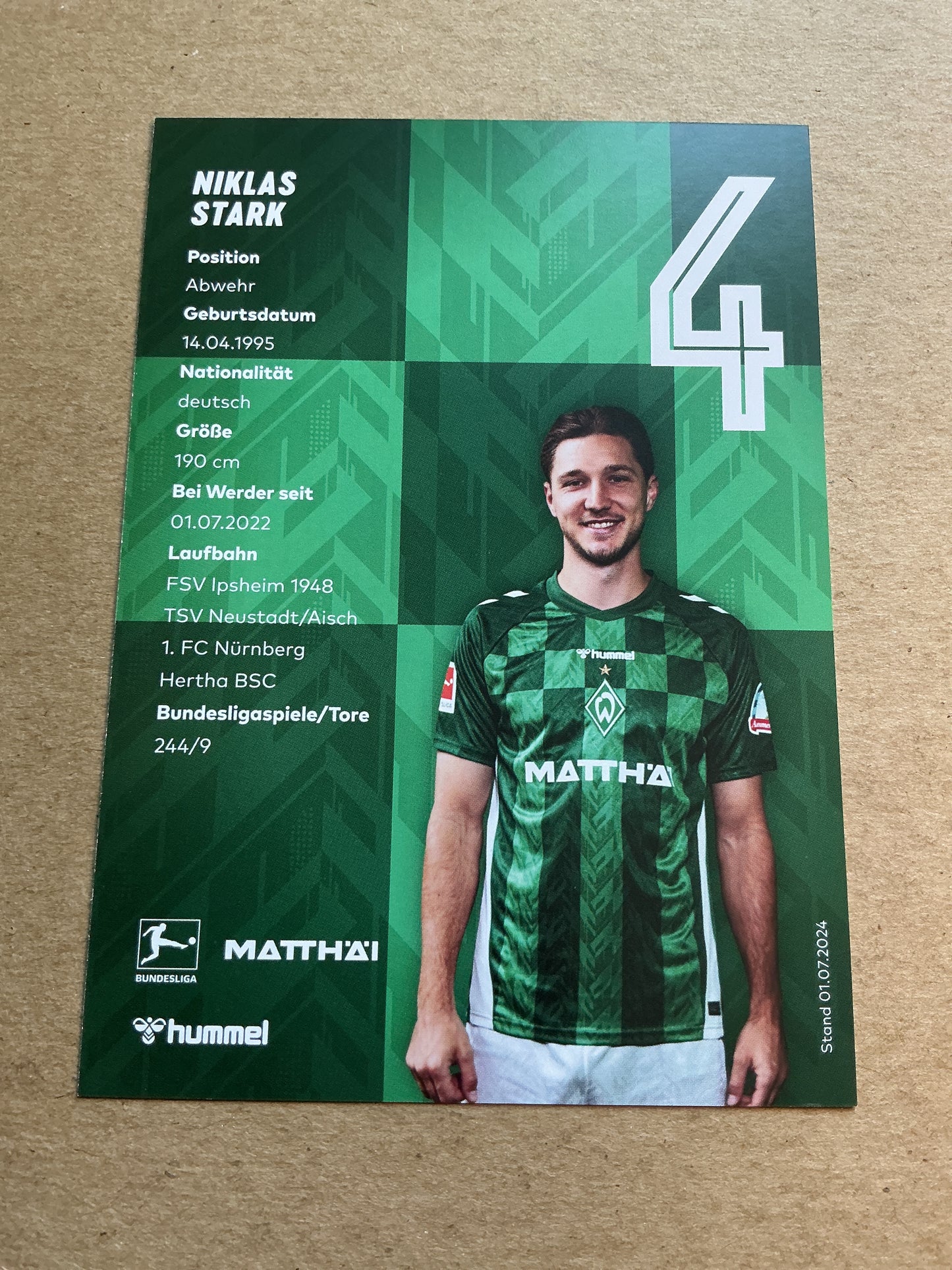 Niklas Stark, Germany 🇩🇪 SV Werder Bremen 2024/25 hand signed