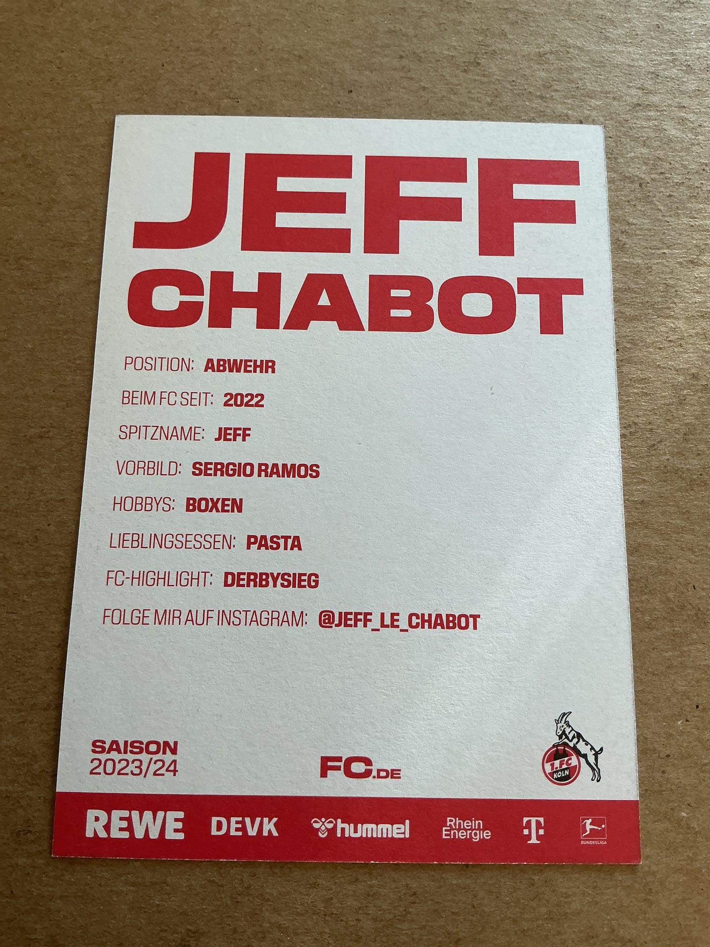 Jeff Chabot, Germany 🇩🇪 1.FC Köln 2023/24 hand signed