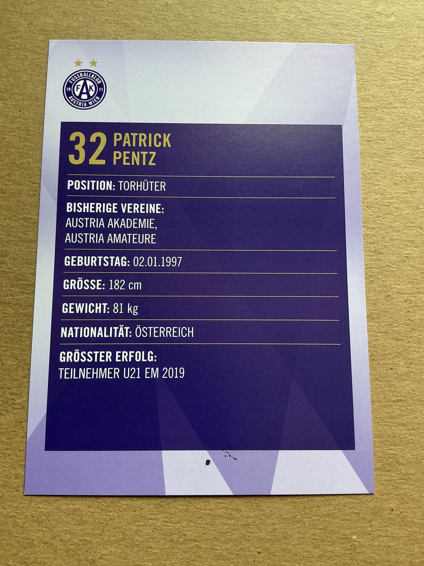 Patrick Pentz, Austria 🇦🇹 Austria Wien 2019/20 hand signed