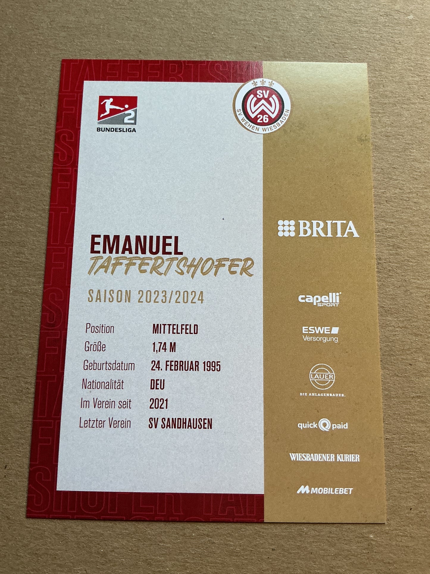 Emanuel Taffertshofer, Germany π©πͺ SV Wehen Wiesbaden 2023/24 hand signed