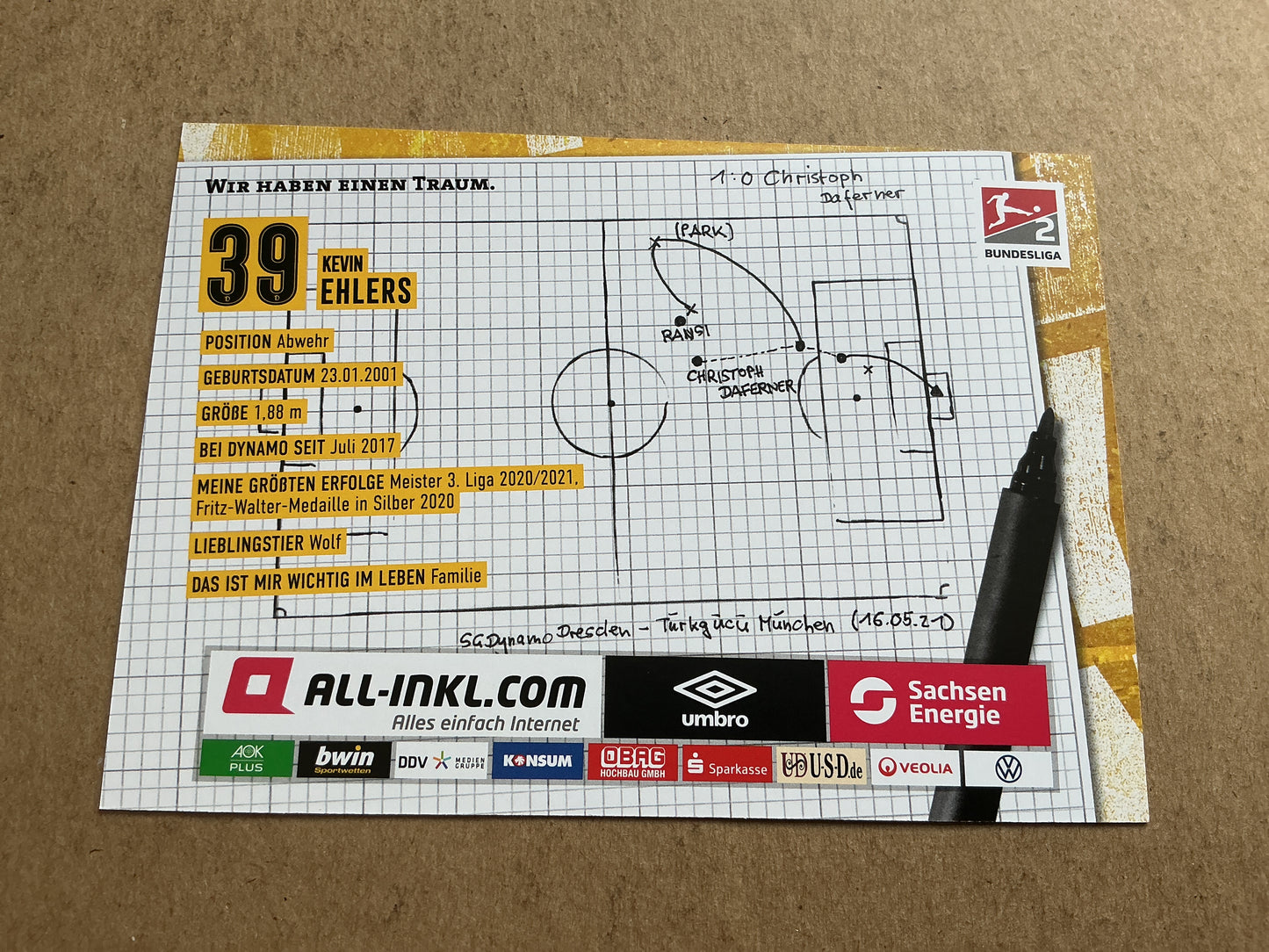 Kevin Ehlers, Germany π©πͺ Dynamo Dresden 2021/22 hand signed