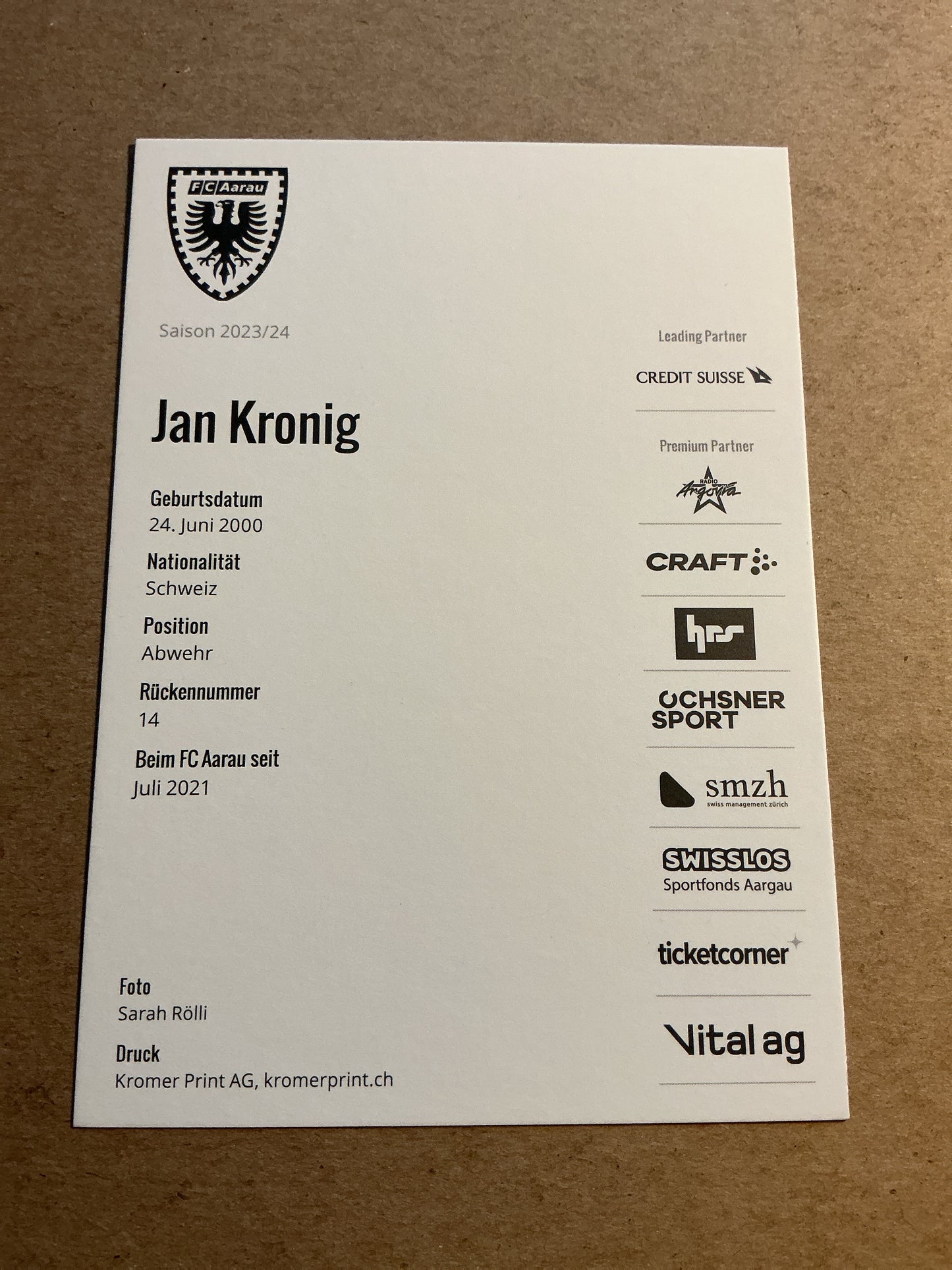 Jan Kronig, Switzerland π¨π FC Aarau 2023/24 hand signed