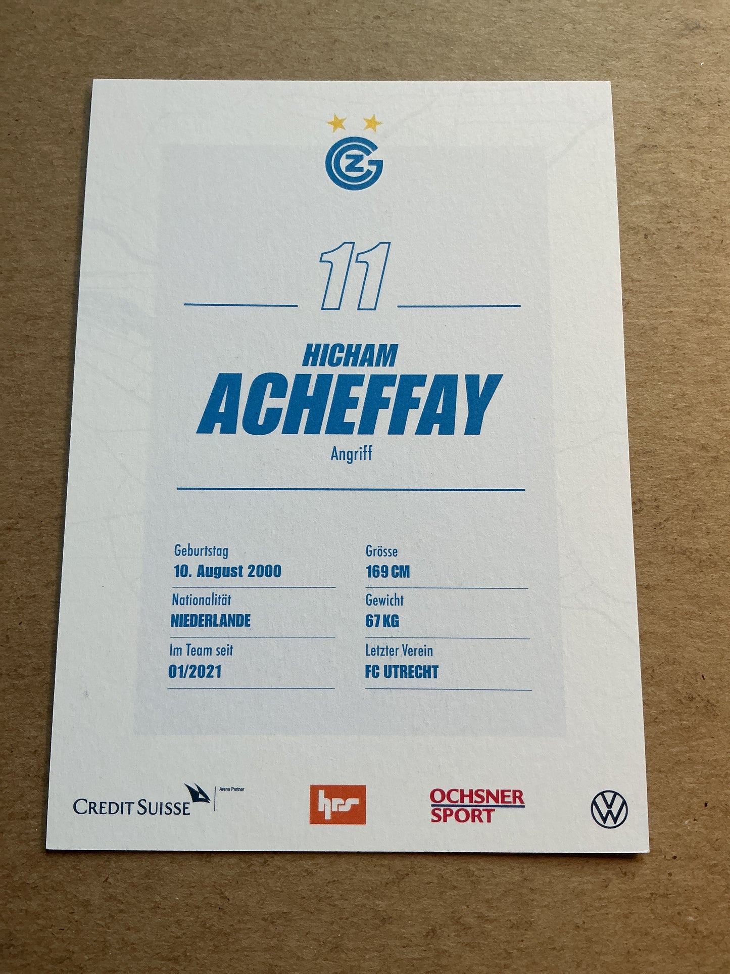 Hicham Acheffay, Netherlands 🇳🇱 Grasshopper Club Zürich 2020/21 hand signed