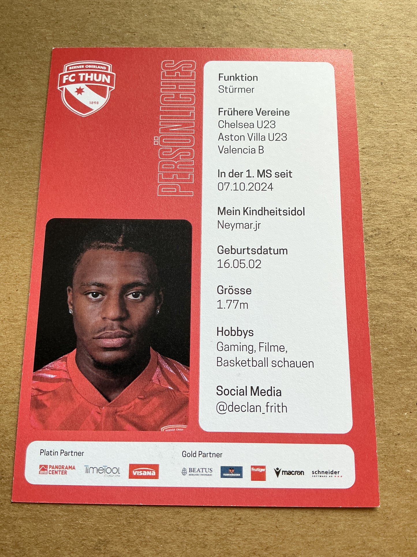 Declan Frith, England 🏴 FC Thun 2024/25 hand signed