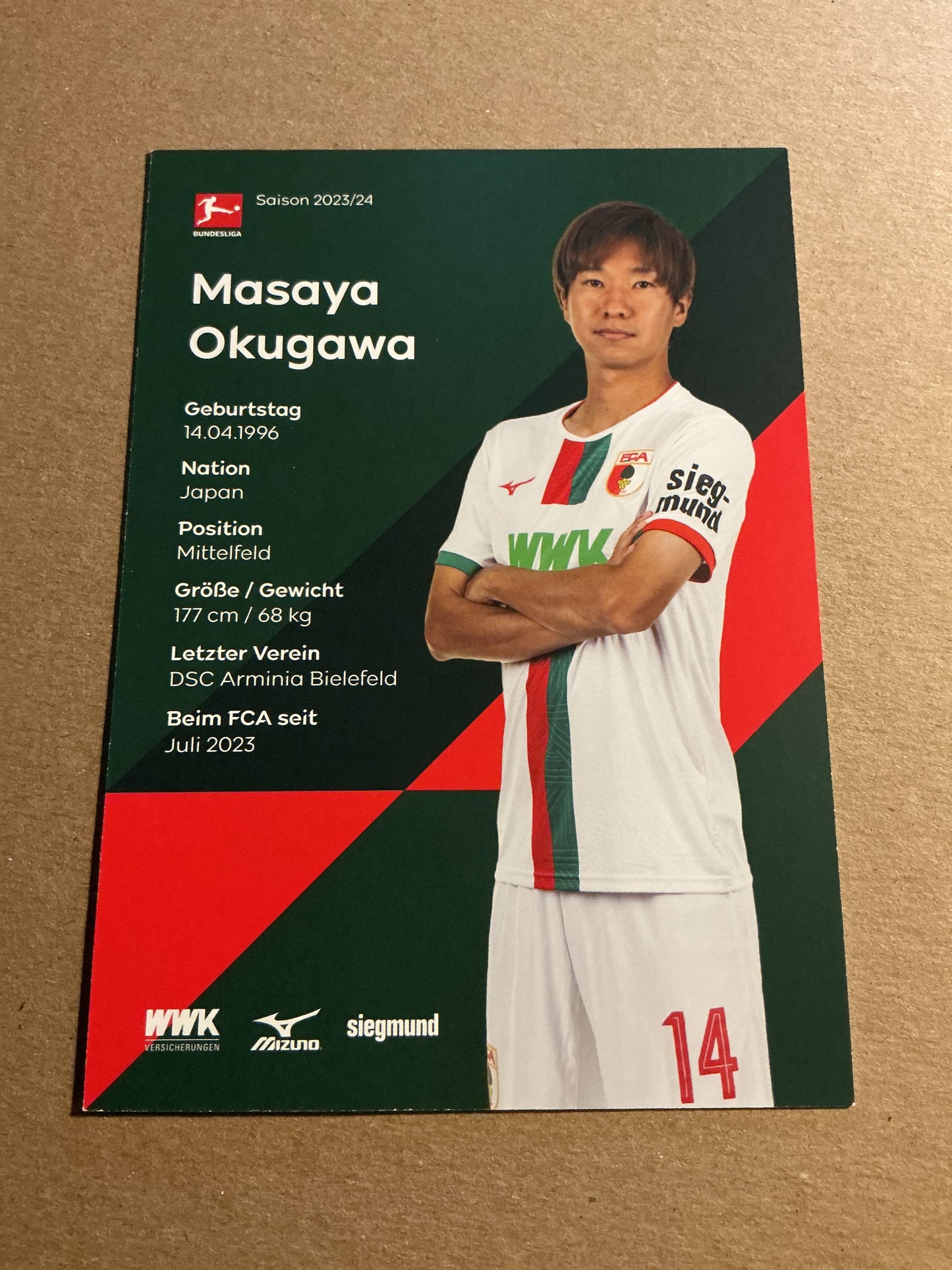 Masaya Okugawa, Japan 🇯🇵 FC Augsburg 2023/24 hand signed