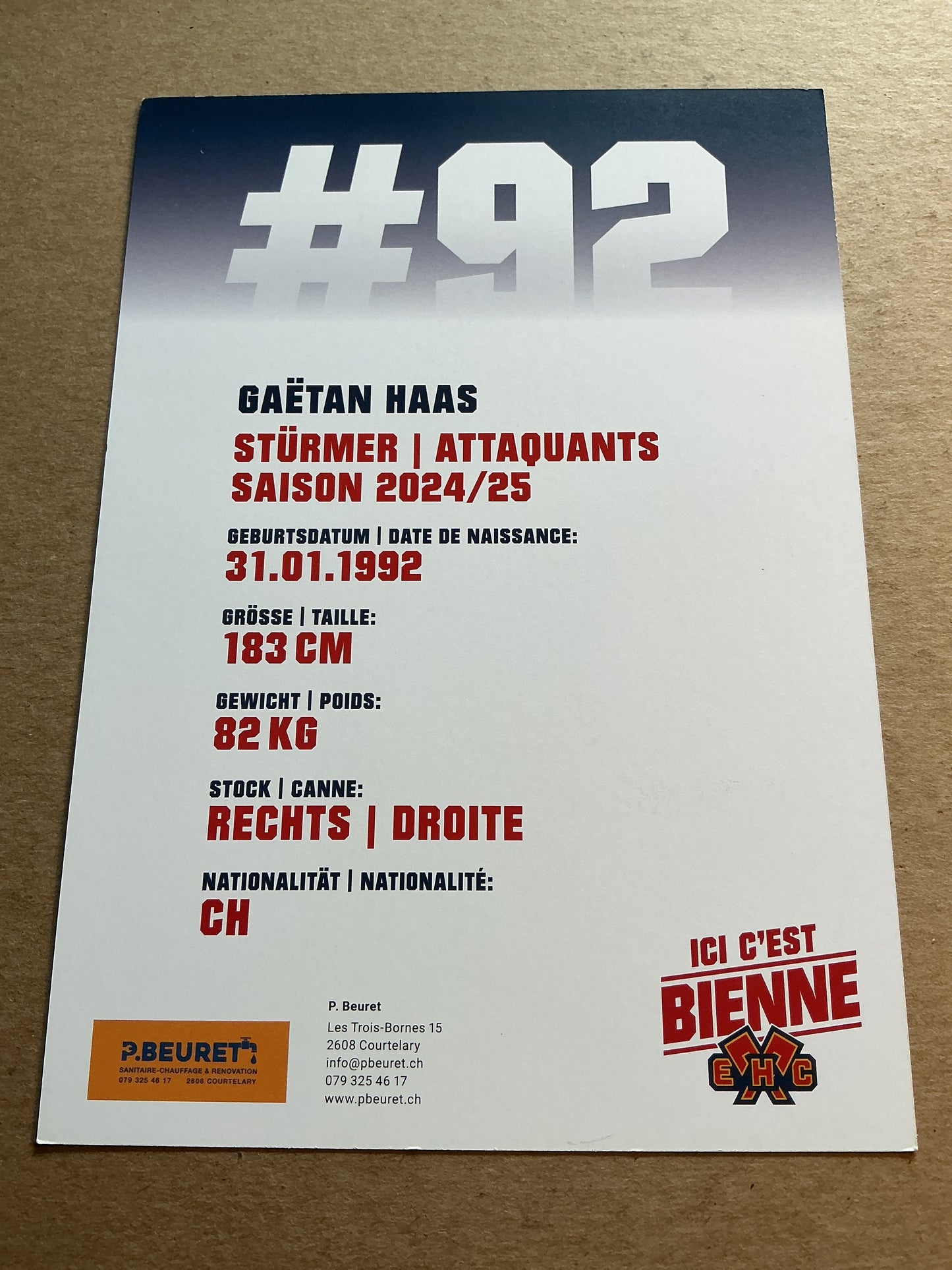 Gaetan Haas, Switzerland 🇨🇭 EHC Biel-Bienne 2024/25 hand signed