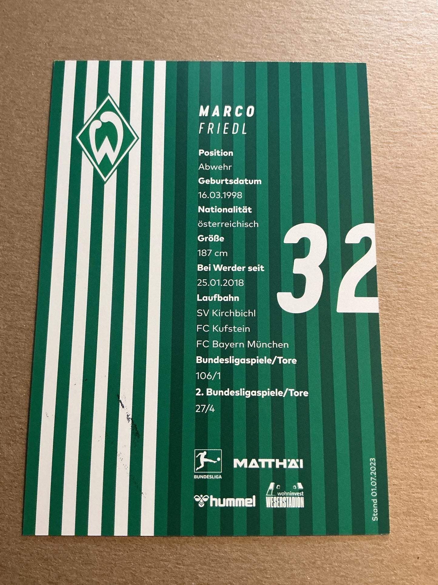 Marco Friedl, Austria 🇦🇹 SV Werder Bremen 2023/24 hand signed