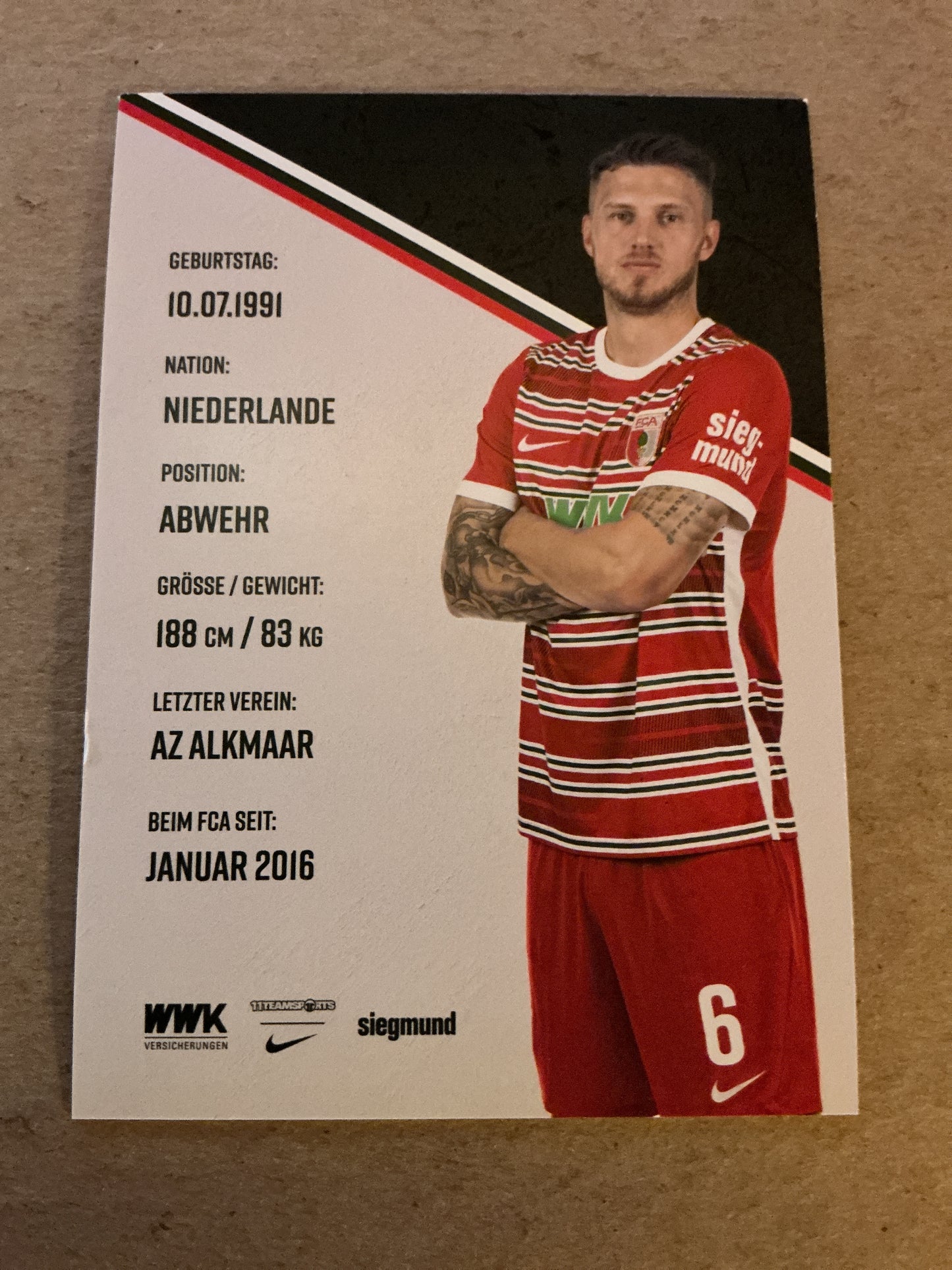 Jeffrey Gouweleeuw, Netherlands π³π± FC Augsburg 2022/23 hand signed