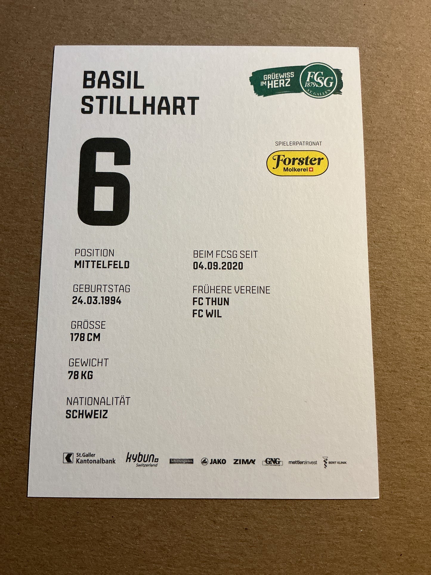 Basil Stillhart, Switzerland 🇨🇭 FC St. Gallen 2021/22 hand signed