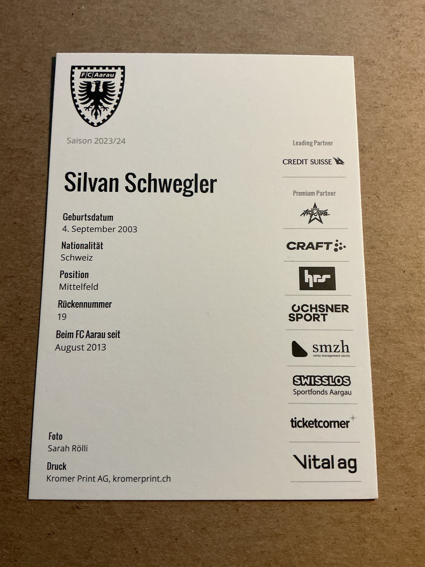 Silvan Schwegler, Switzerland π¨π FC Aarau 2023/24 hand signed