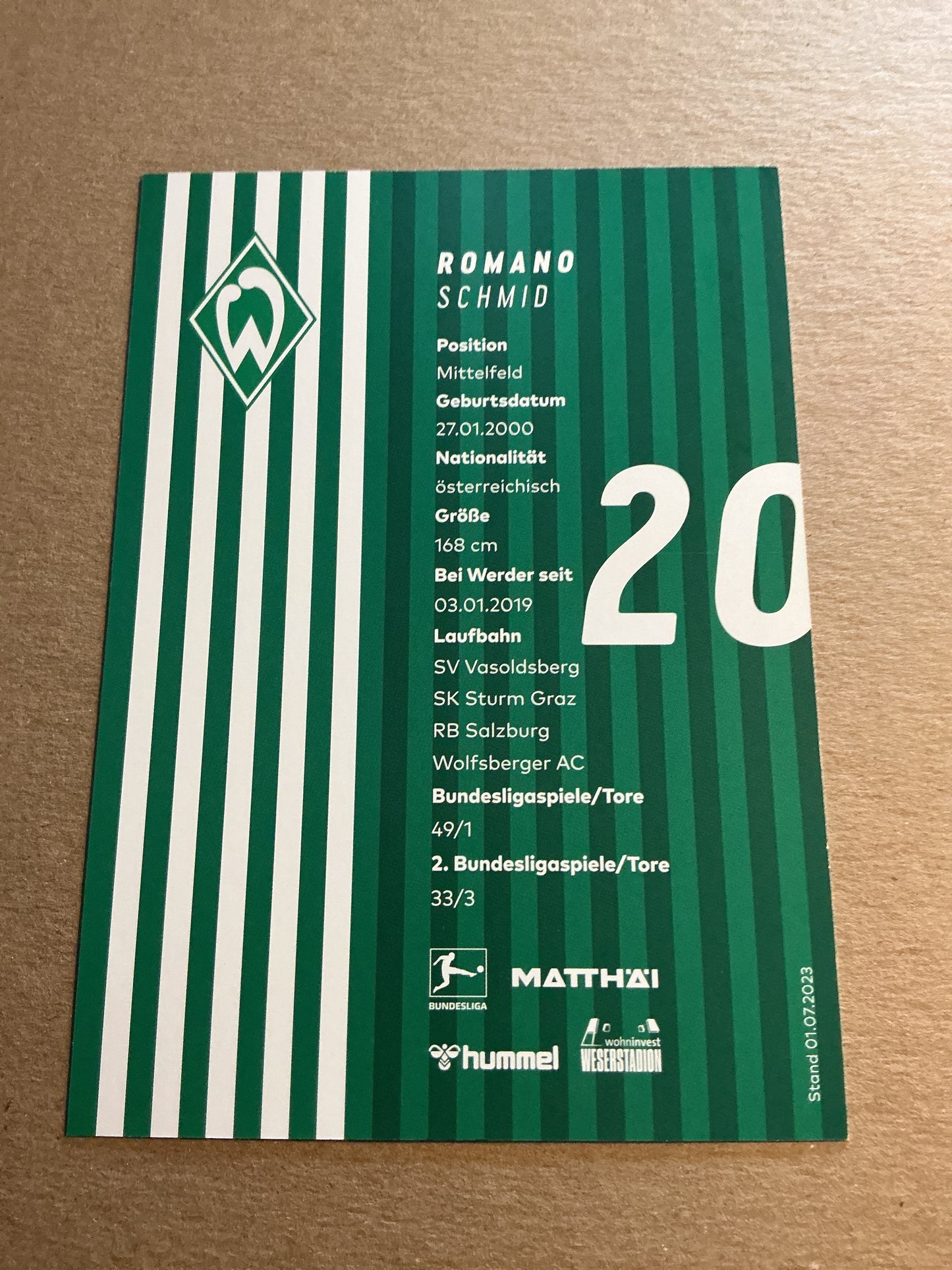 Romano Schmid, Austria 🇦🇹 SV Werder Bremen 2023/24 hand signed