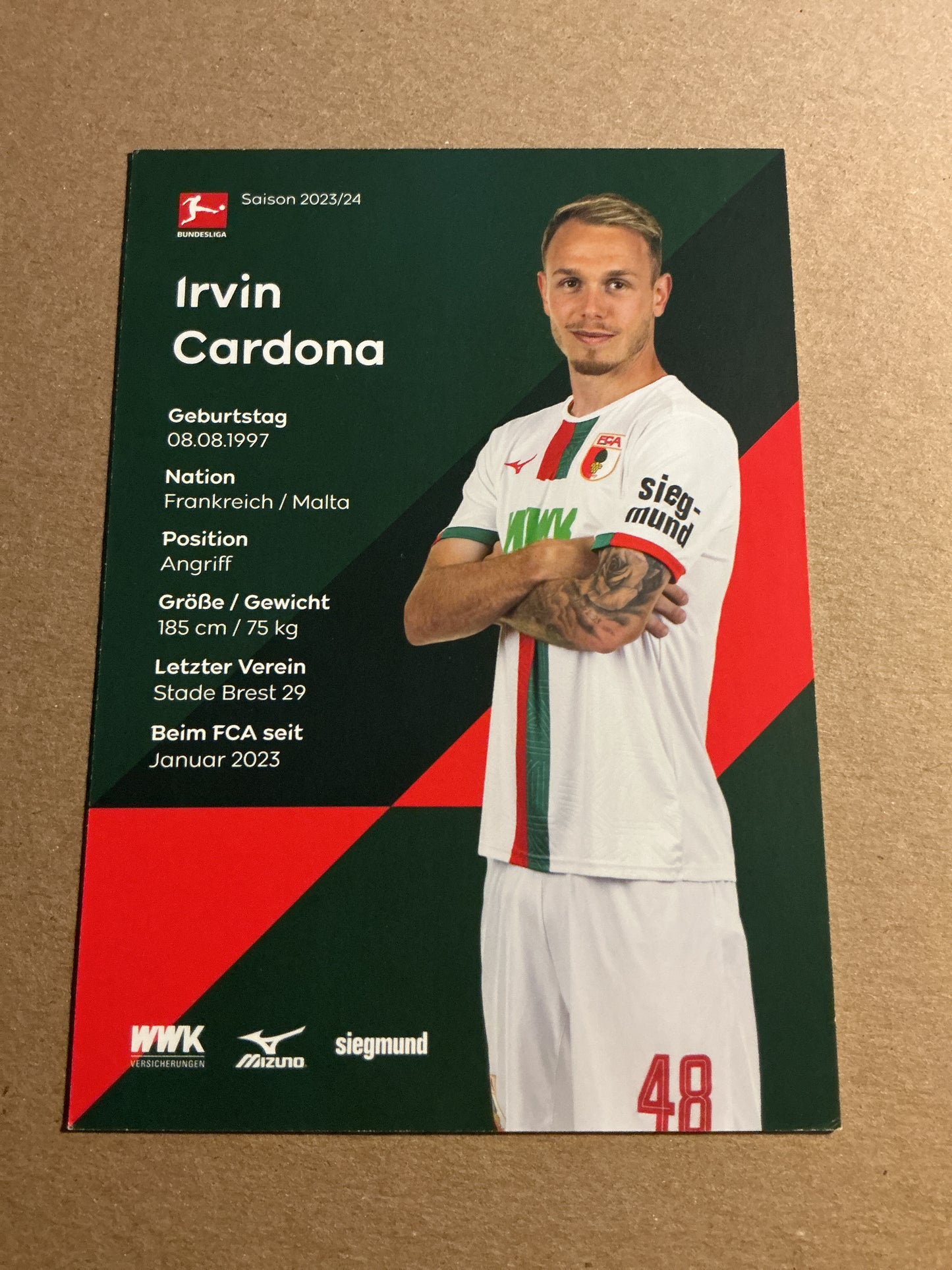 Irvin Cardona, France 🇫🇷 FC Augsburg 2023/24 hand signed