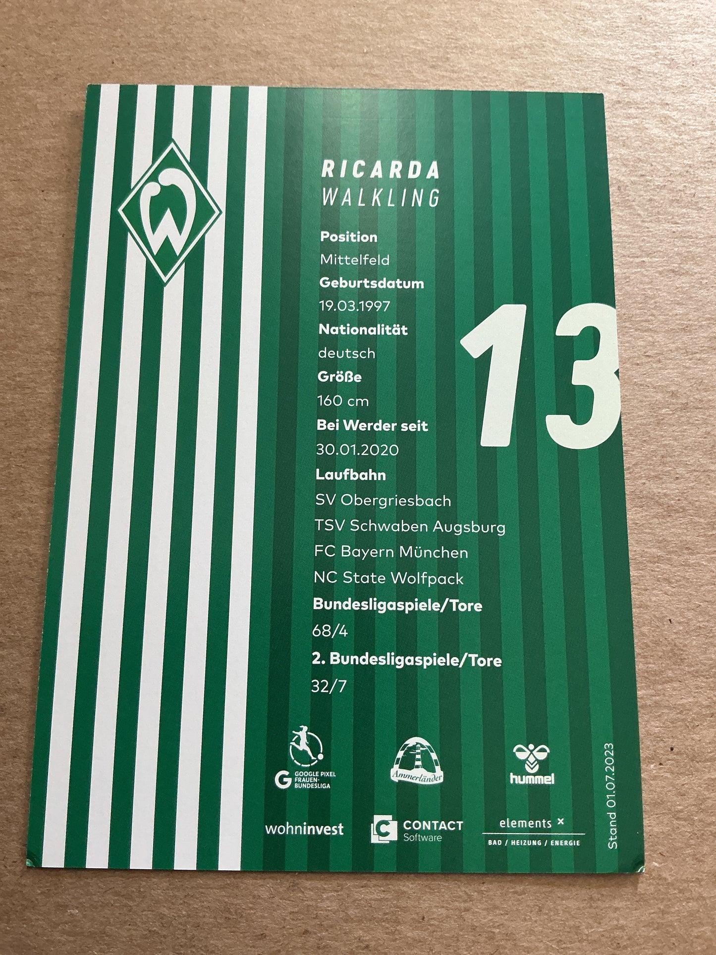 Ricarda Walkling, Germany 🇩🇪 SV Werder Bremen 2023/24 hand signed