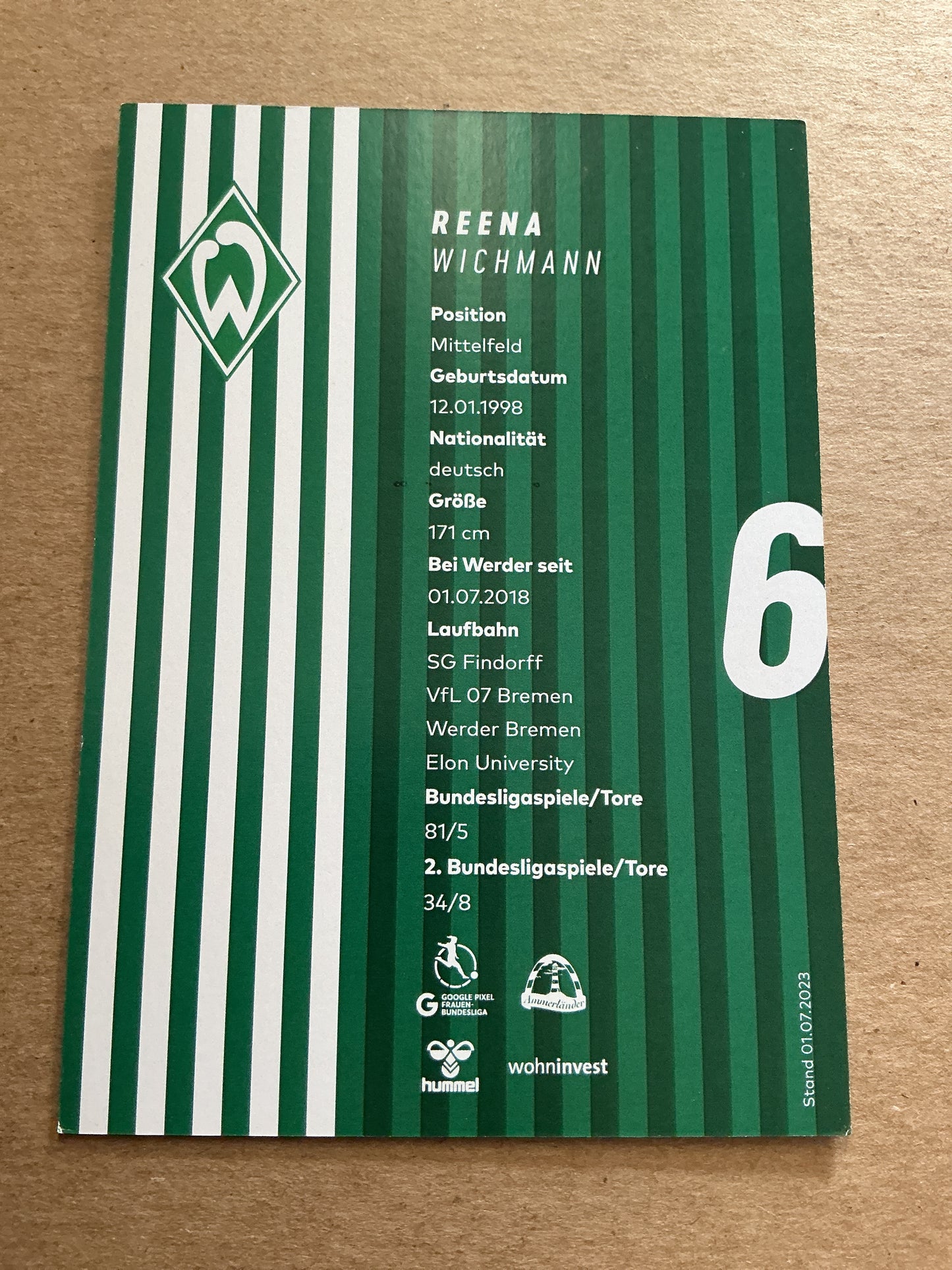 Reena Wichmann, Germany 🇩🇪 SV Werder Bremen 2023/24 hand signed