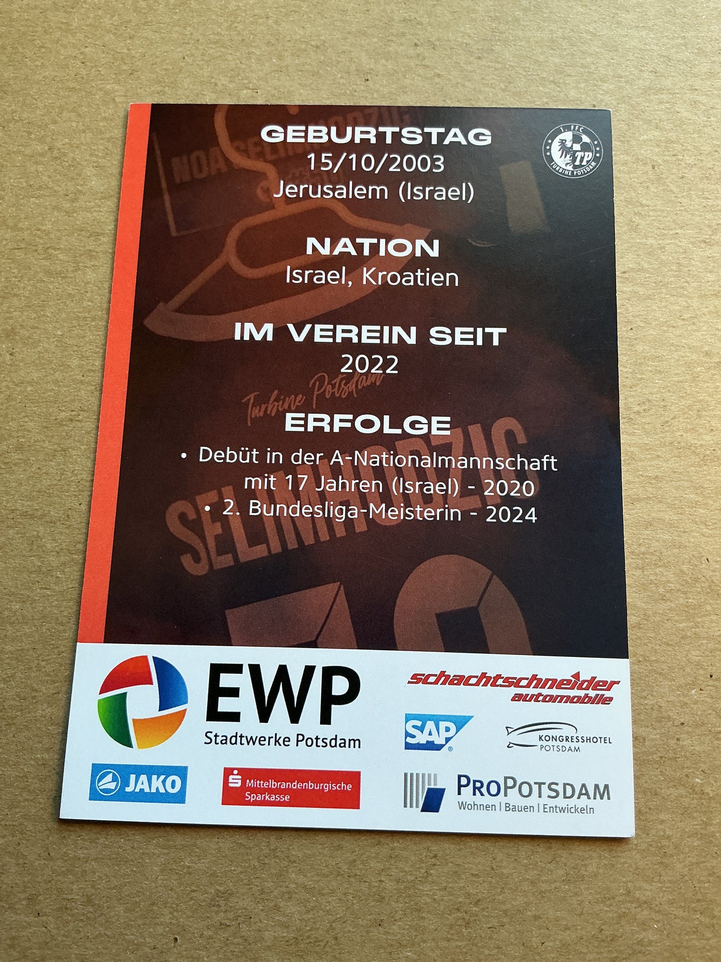 Noa Selimhodzic, Israel 🇮🇱 1.FFC Turbine Potsdam 2024/25 hand signed