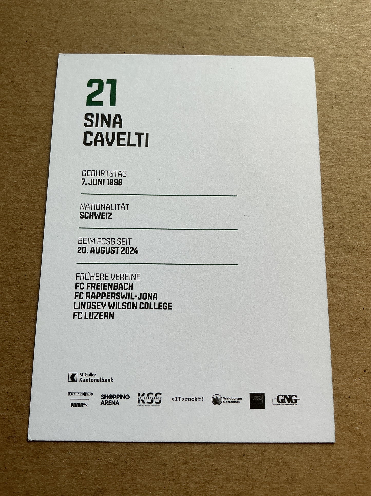 Sina Cavelti, Switzerland 🇨🇭 FC St. Gallen 2024/25 hand signed