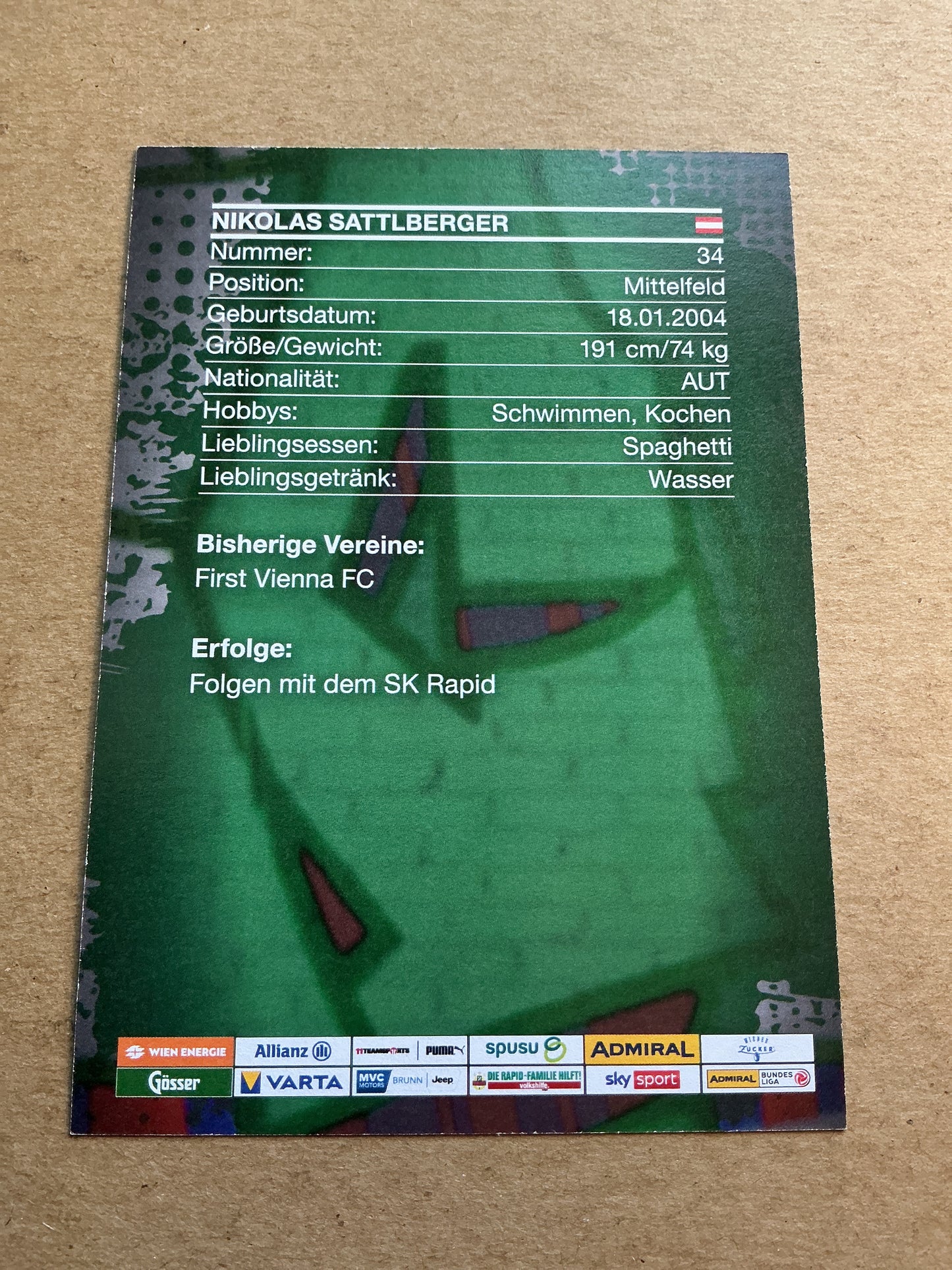 Nikolas Sattlberger, Austria ๐ฆ๐น SK Rapid Wien 2023/24 hand signed