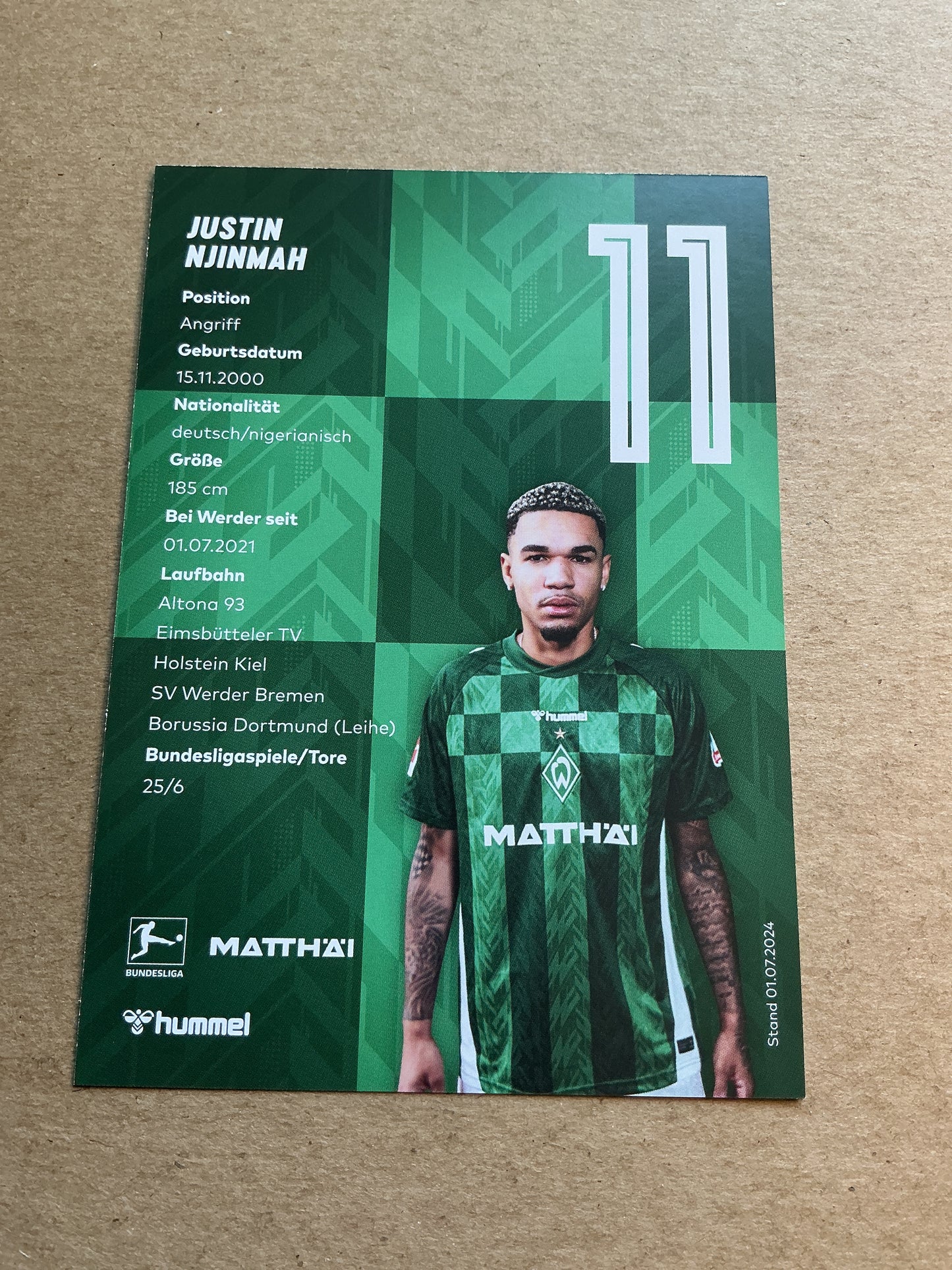 Justin Njinmah, Germany 🇩🇪 SV Werder Bremen 2024/25 hand signed
