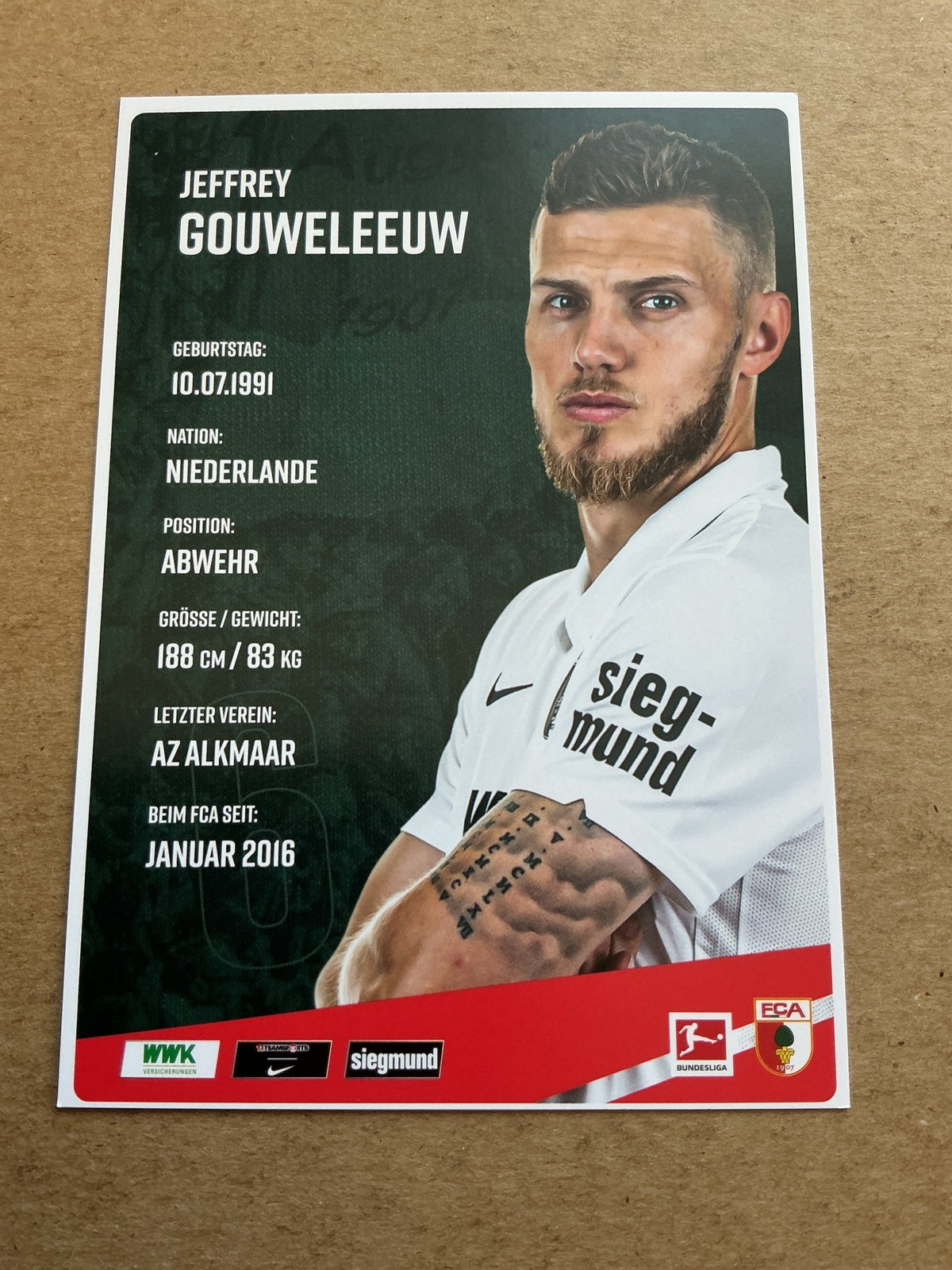Jeffrey Gouweleeuw, Netherlands 🇳🇱 FC Augsburg 2020/21 hand signed - Autographs-World