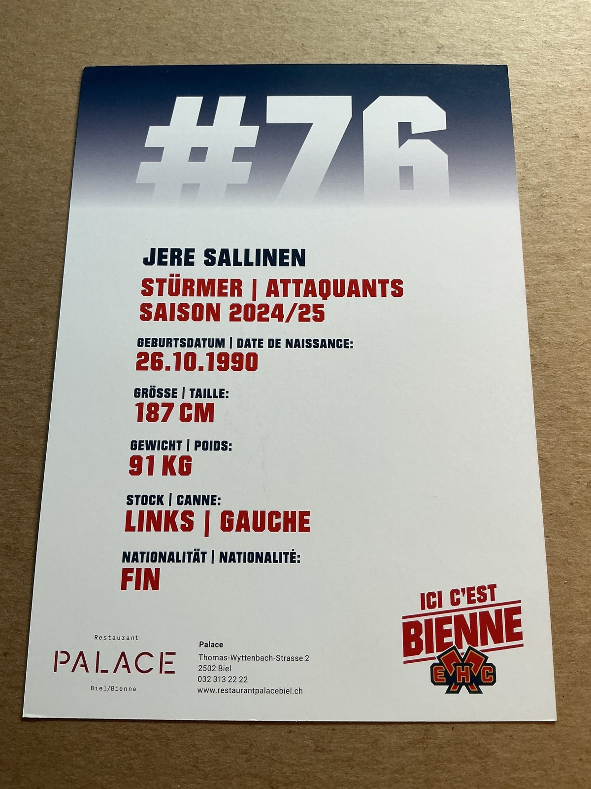 Jere Salinen, Finland 🇫🇮 EHC Biel-Bienne 2024/25 hand signed - Autographs-World