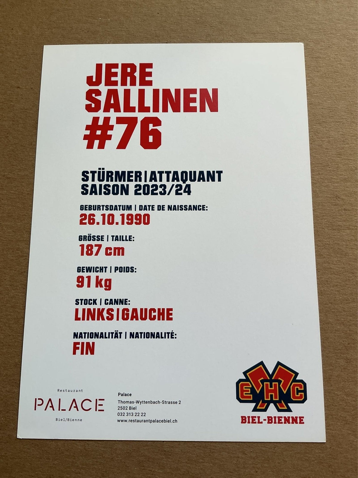 Jere Sallinen, Finland 🇫🇮 EHC Biel-Bienne 2023/24 hand signed - Autographs-World