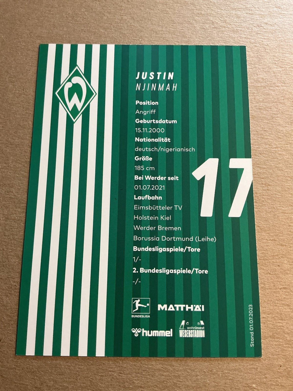 Justin Njinmah, Germany 🇩🇪 SV Werder Bremen 2023/24 hand signed - Autographs-World