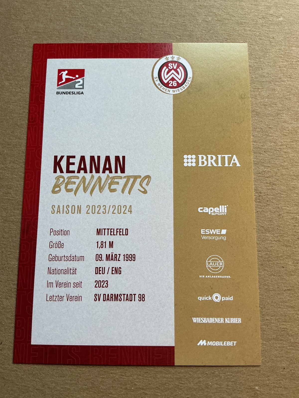 Keanan Bennetts, England 🏴 SV Wehen Wiesbaden 2023/24 hand signed - Autographs-World