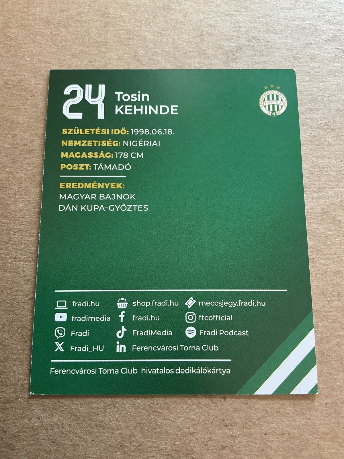 Kehinde Tosin, Nigeria 🇳🇬 Ferencvaros TC 2024/25 hand signed - Autographs-World