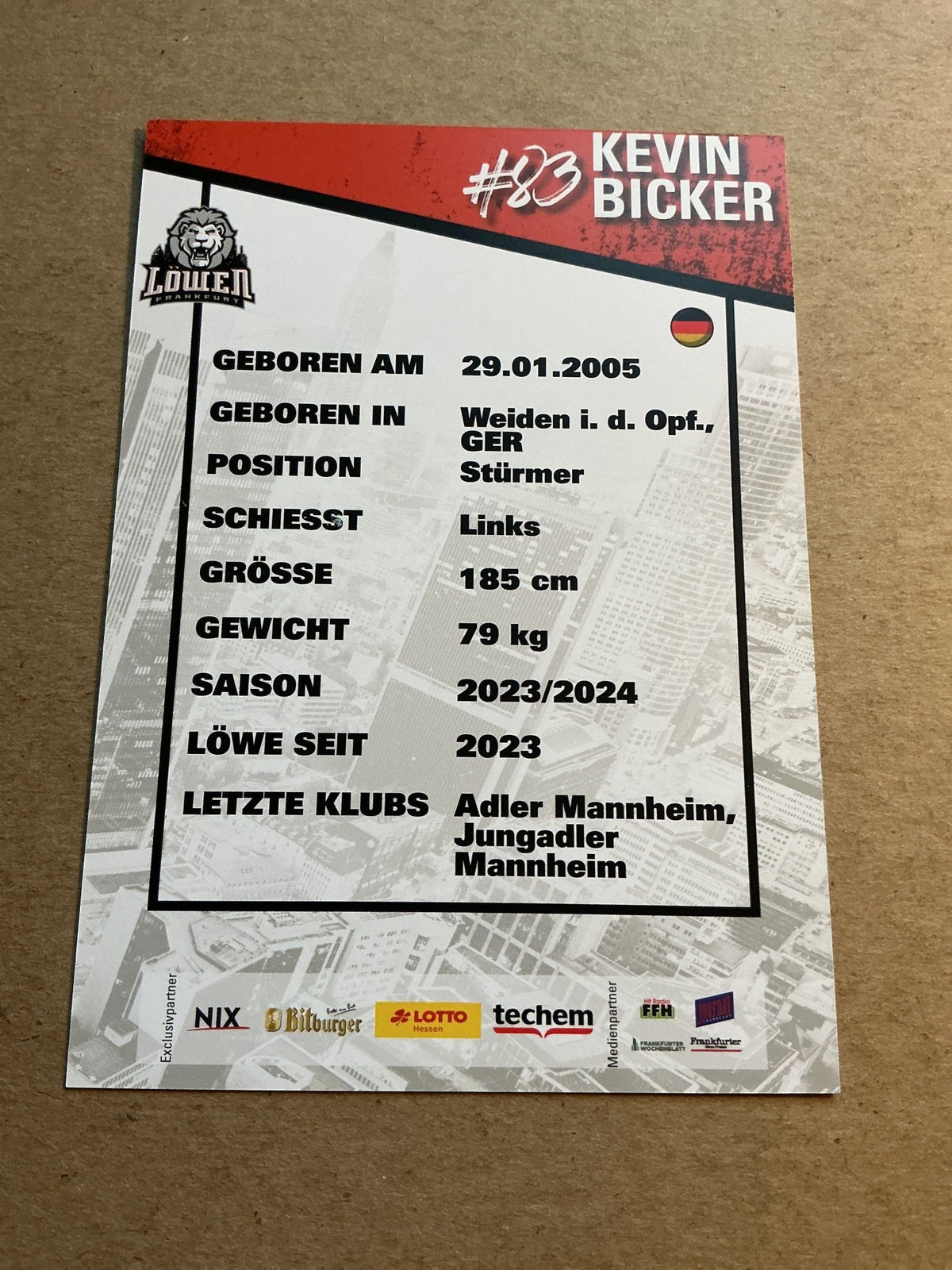 Kevin Bicker, Germany 🇩🇪 Löwen Frankfurt 2023/24 hand signed - Autographs-World