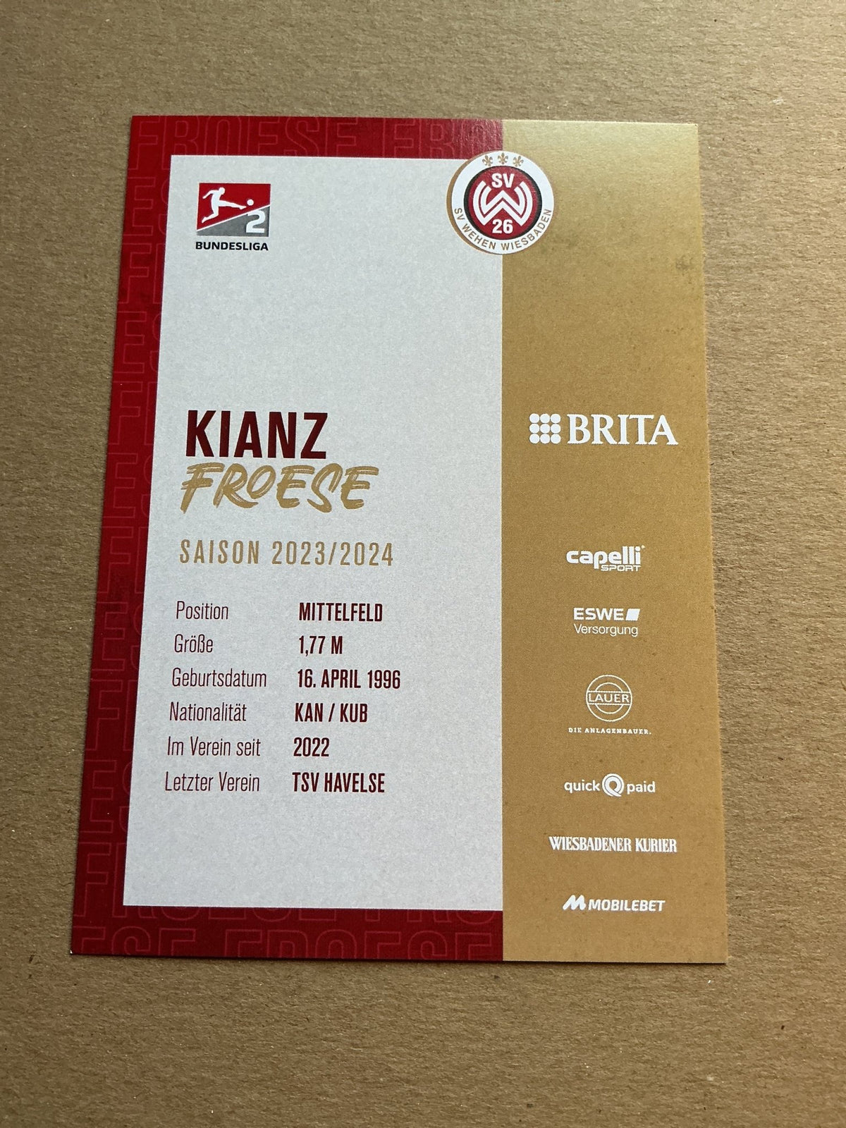 Kianz Froese, Canada 🇨🇦 SV Wehen Wiesbaden 2023/24 hand signed - Autographs-World