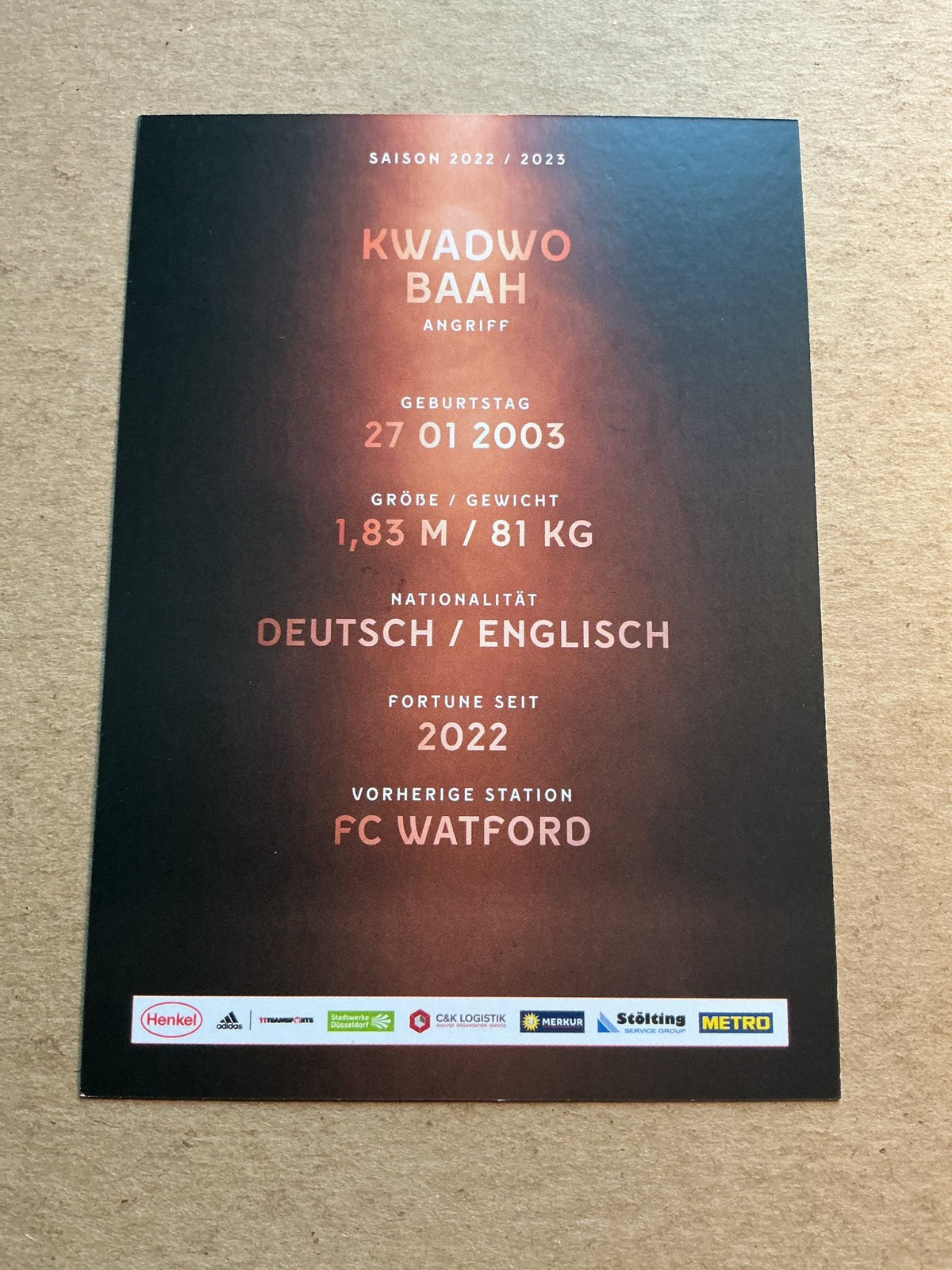 Kwadwo Baah, England 🏴 Fortuna Düsseldorf 2022/23 hand signed - Autographs-World