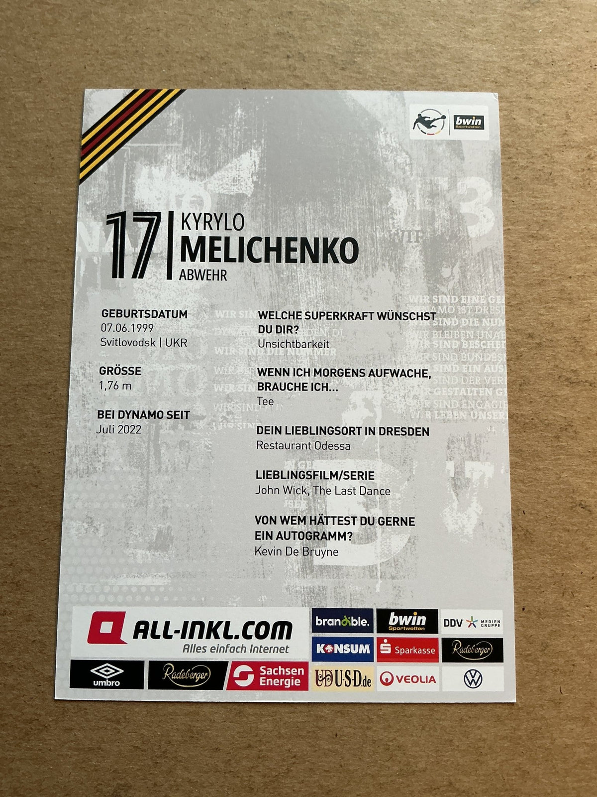Kyrylo Melichenko, Ukraine πΊπ¦ Dynamo Dresden 2022/23 hand signed - Autographs-World